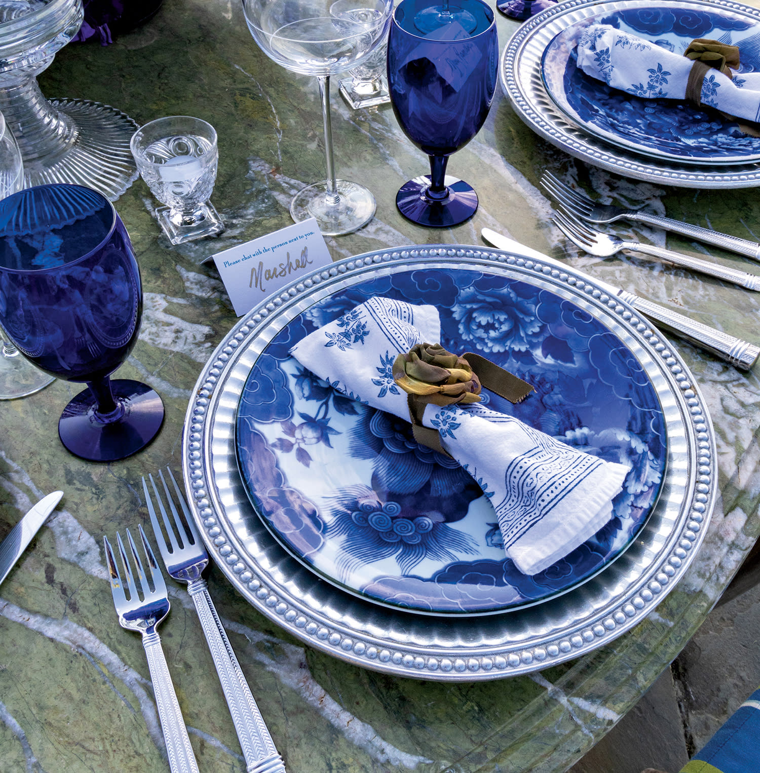 blue and white table setting