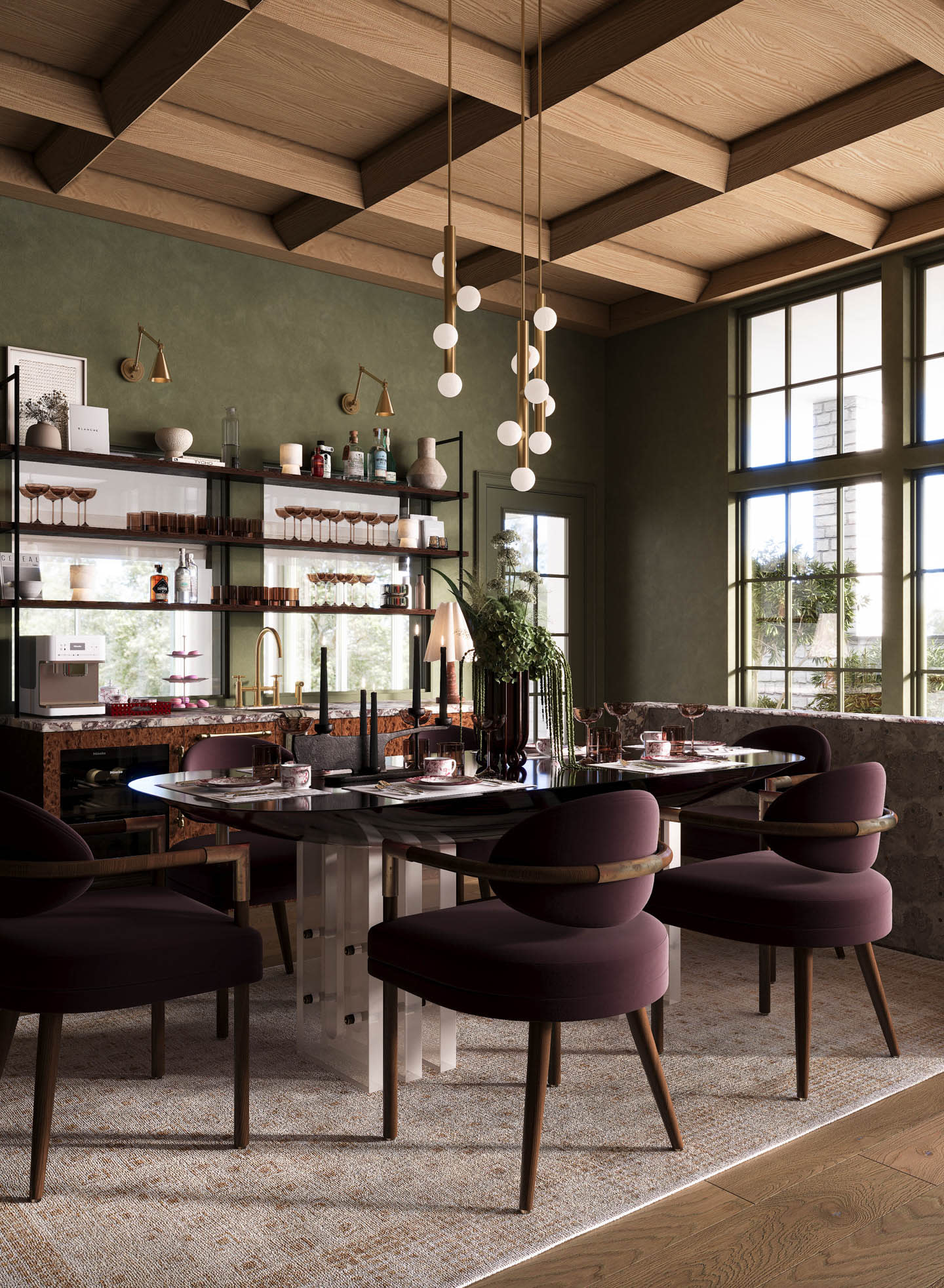 Luxurious dining room with a modern glass table and plush purple chairs. A minimalist chandelier hangs from the wooden ceiling, creating an elegant ambiance.