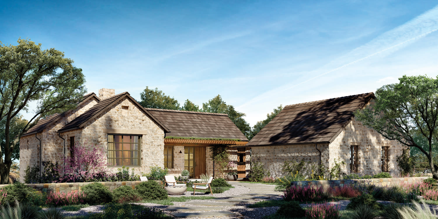 Rendering of cottage-style single-story residences with cobble-stone façades and natural landscaping.