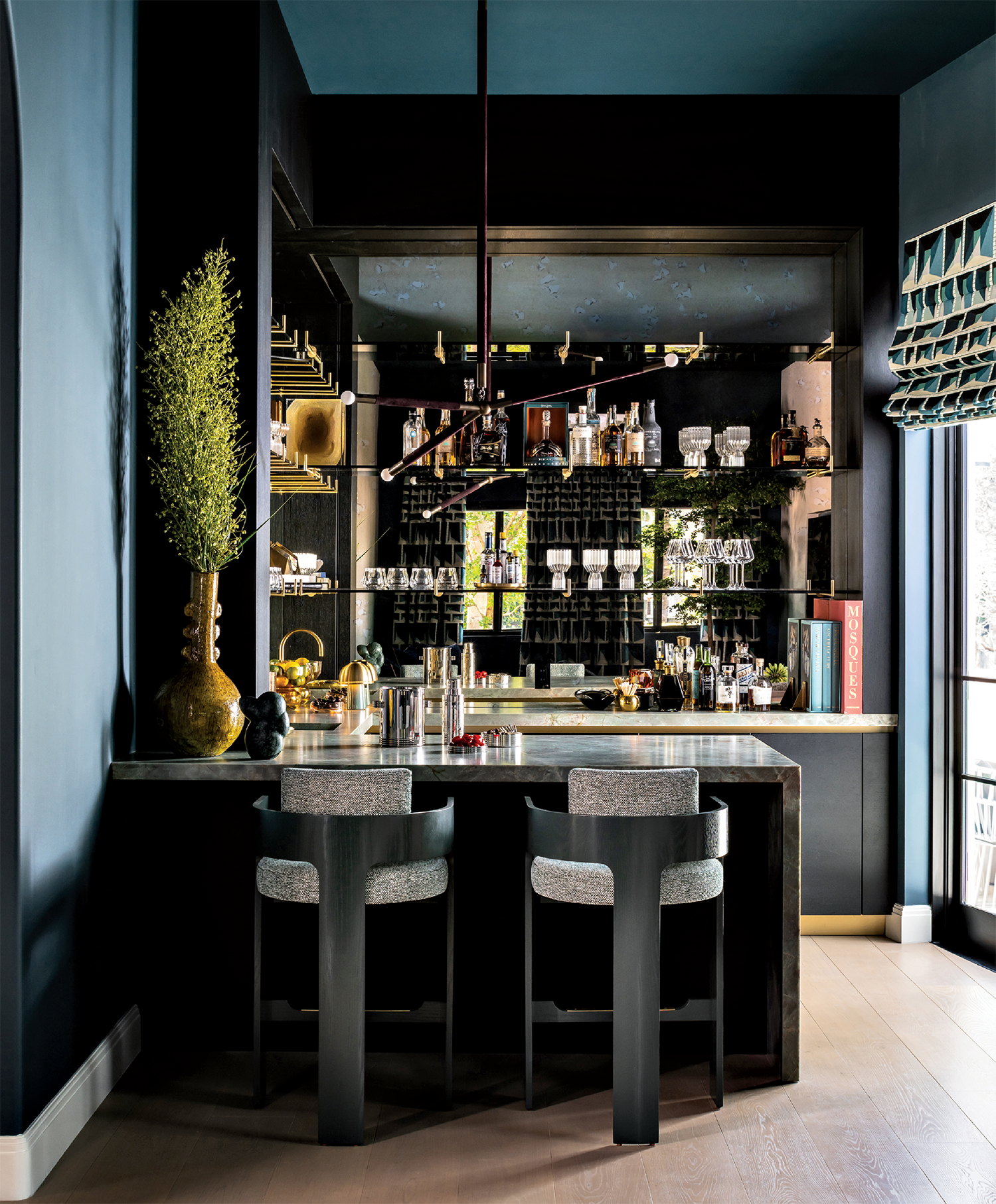 moody home bar in blue