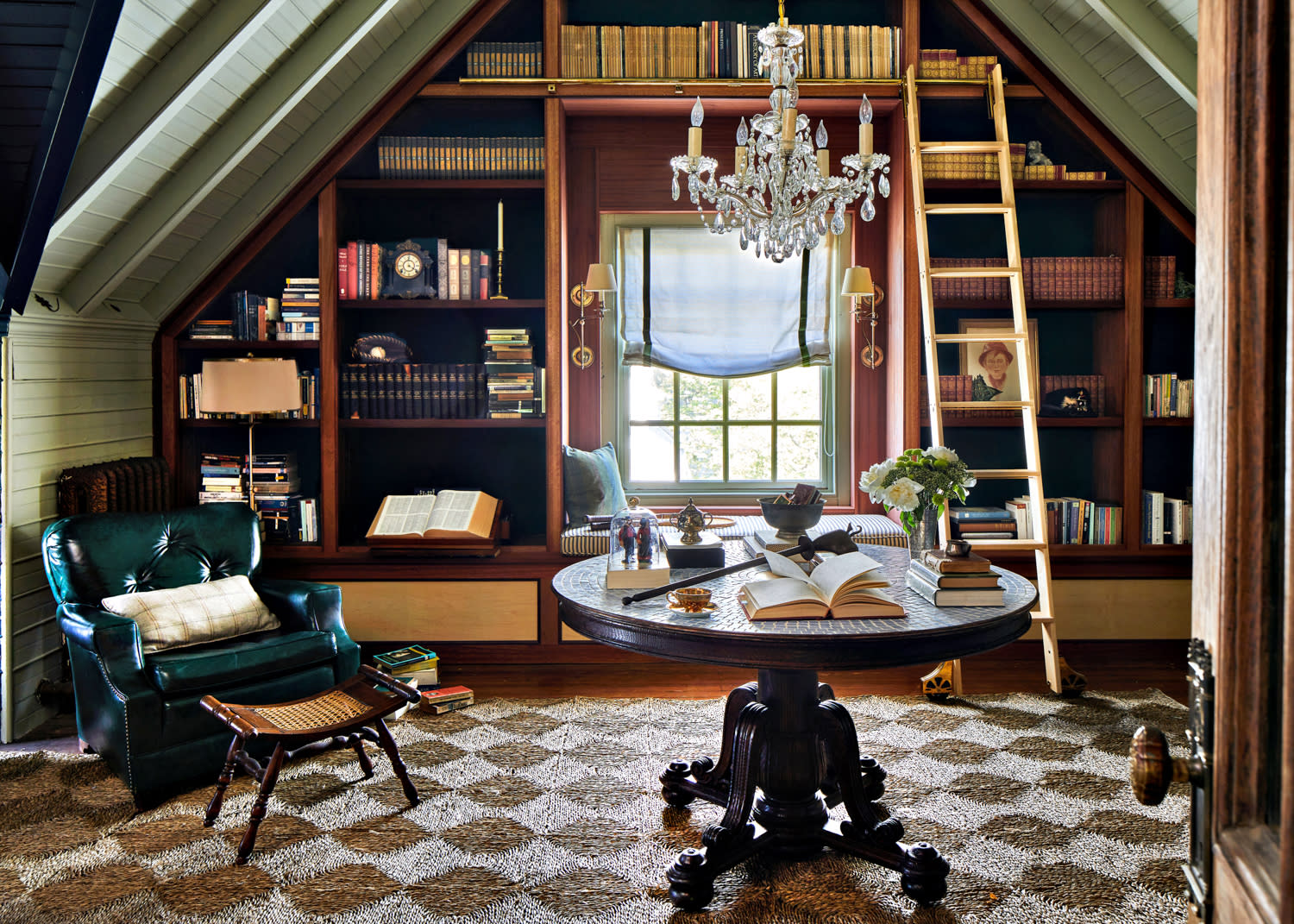 traditional attic-style home library in warm earth tones 