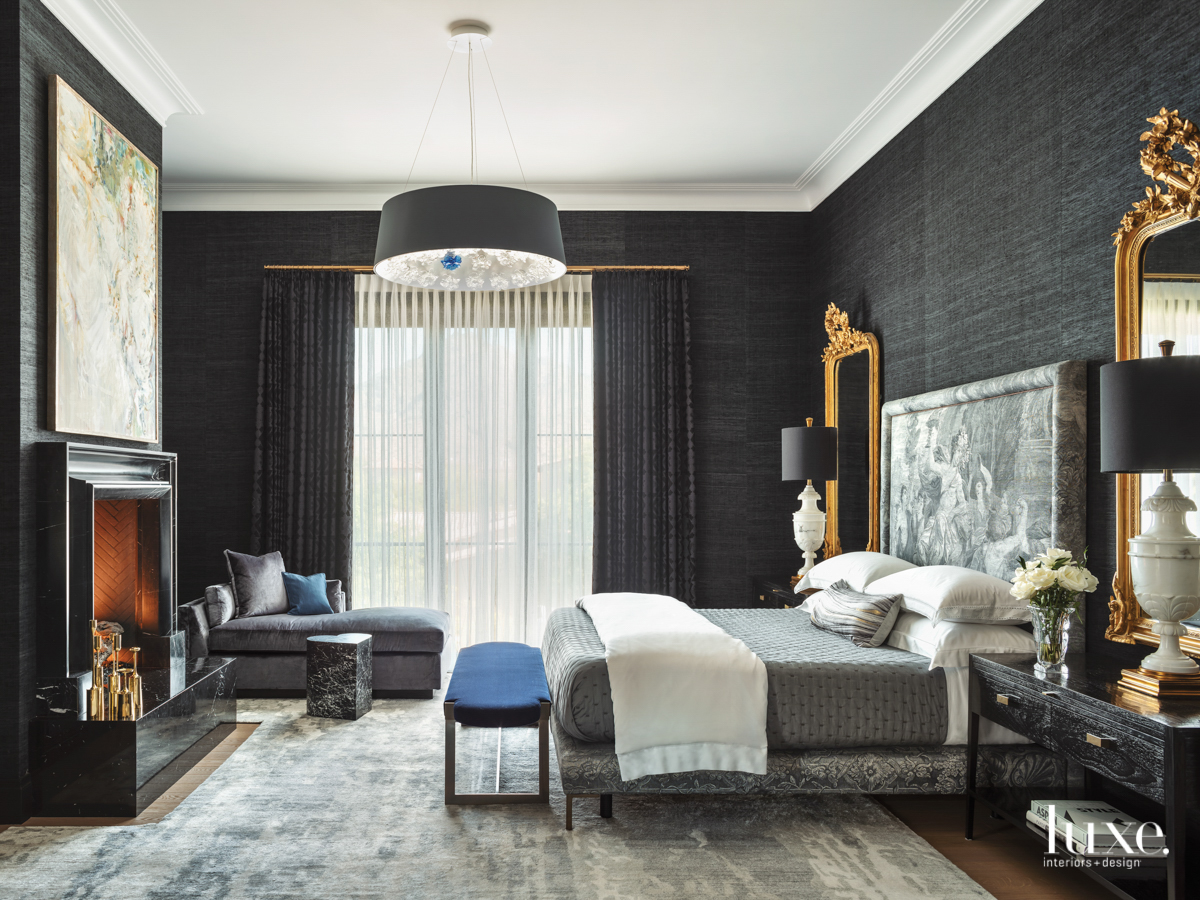 master bedroom with navy blue woven silk wallcovering