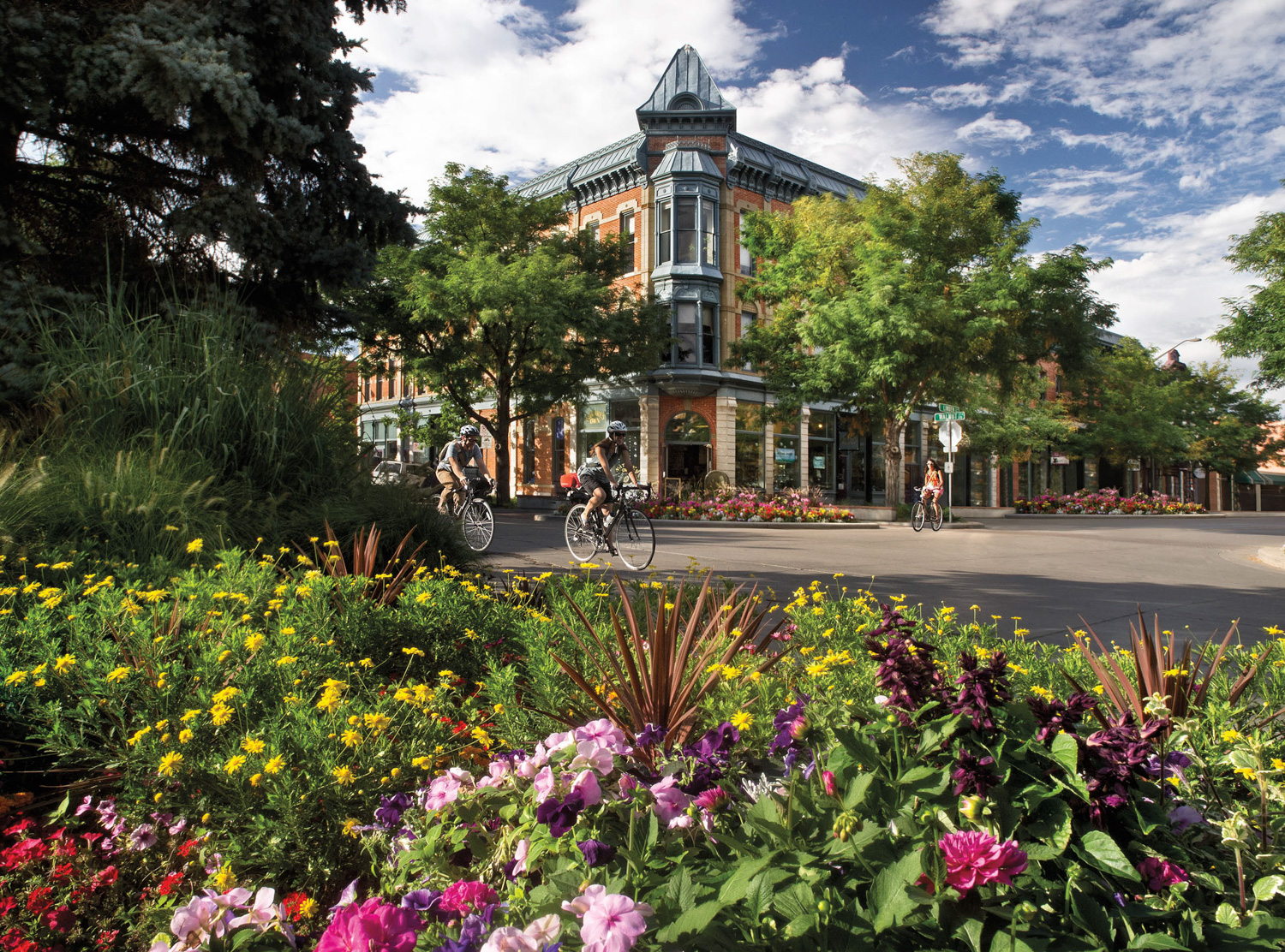 Fort Collins old town area with flowery shrubs and bicycles, suggested by Forge & Bow Dwellings