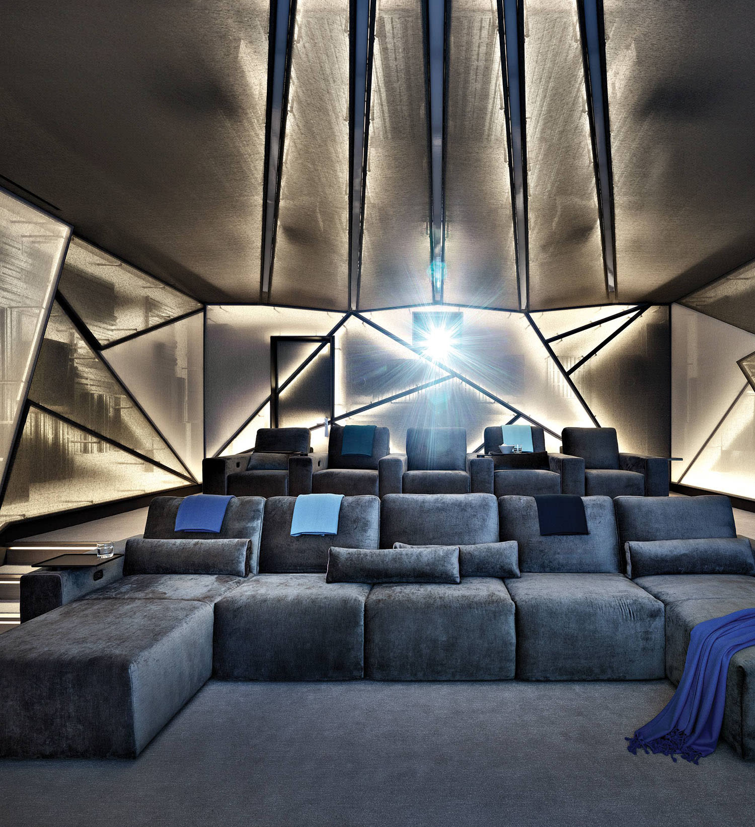 media room with geometric screens that change color and frame audiovisual equipment