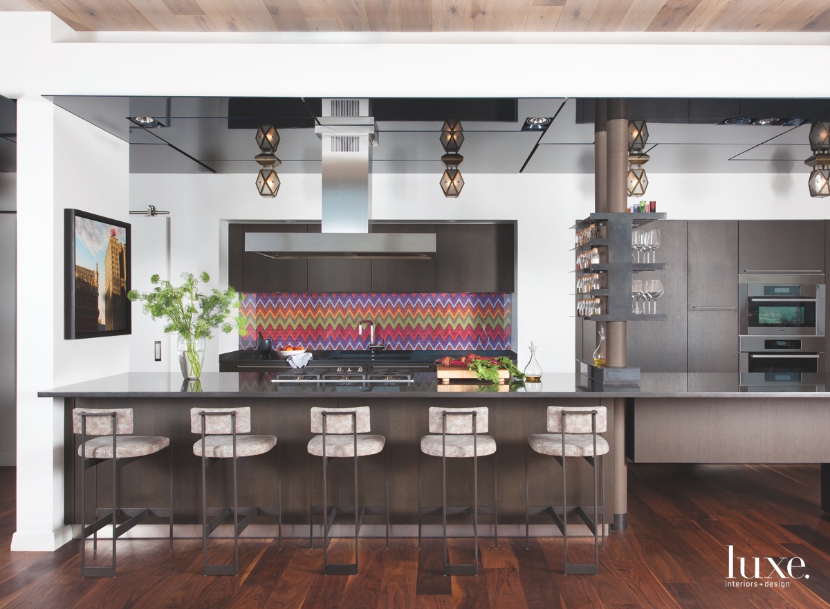 contemporary brown kitchen barstools colorful backsplash