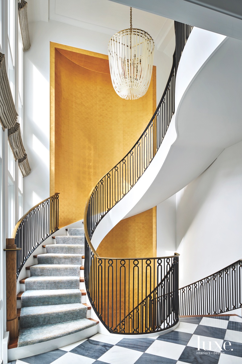 contemporary stairs gold-leaf wallpaper checkerboard floor