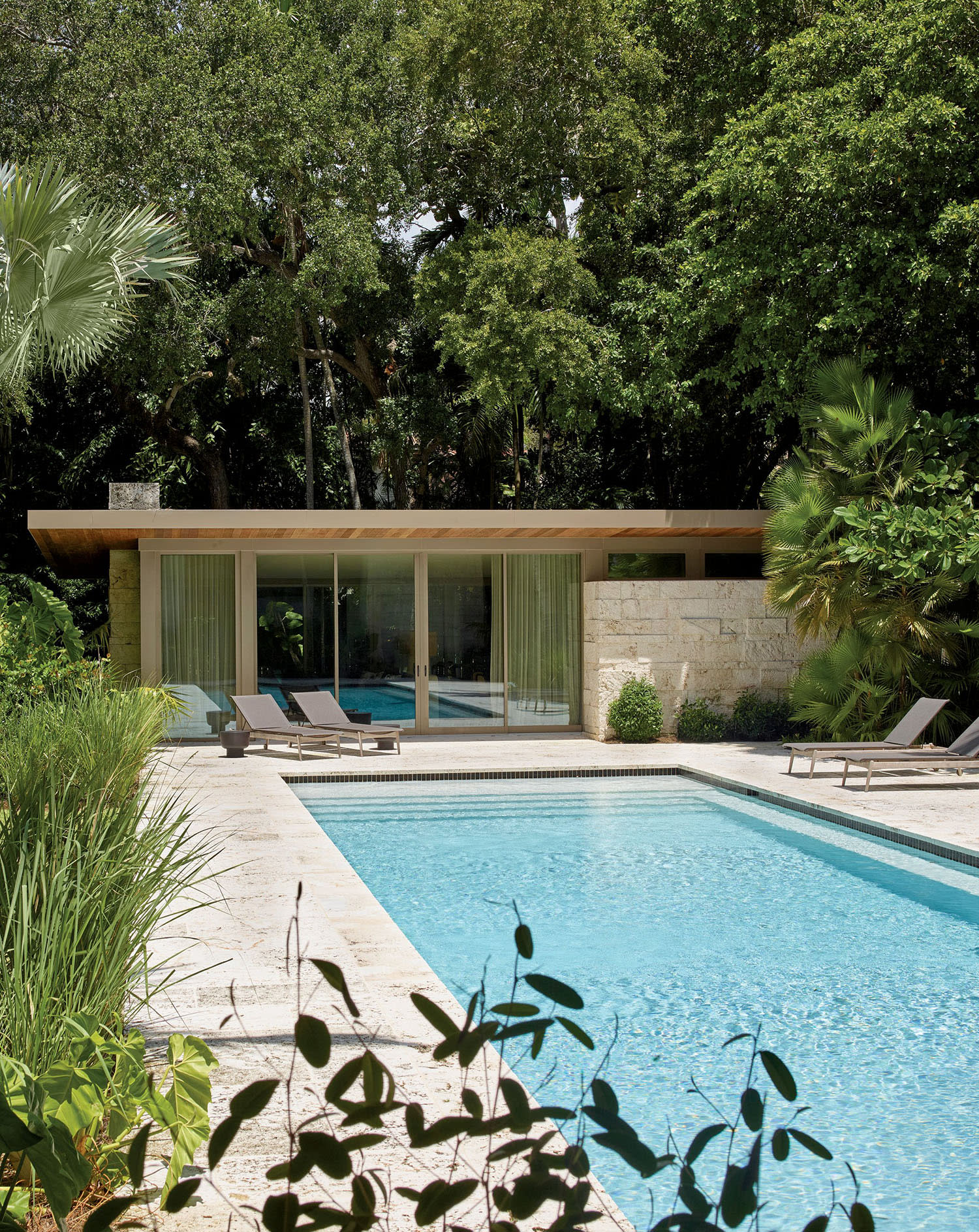 Modern pool house with large glass doors, surrounded by lush greenery and palm trees. A serene and inviting pool stretches in front, with lounge chairs beside it.