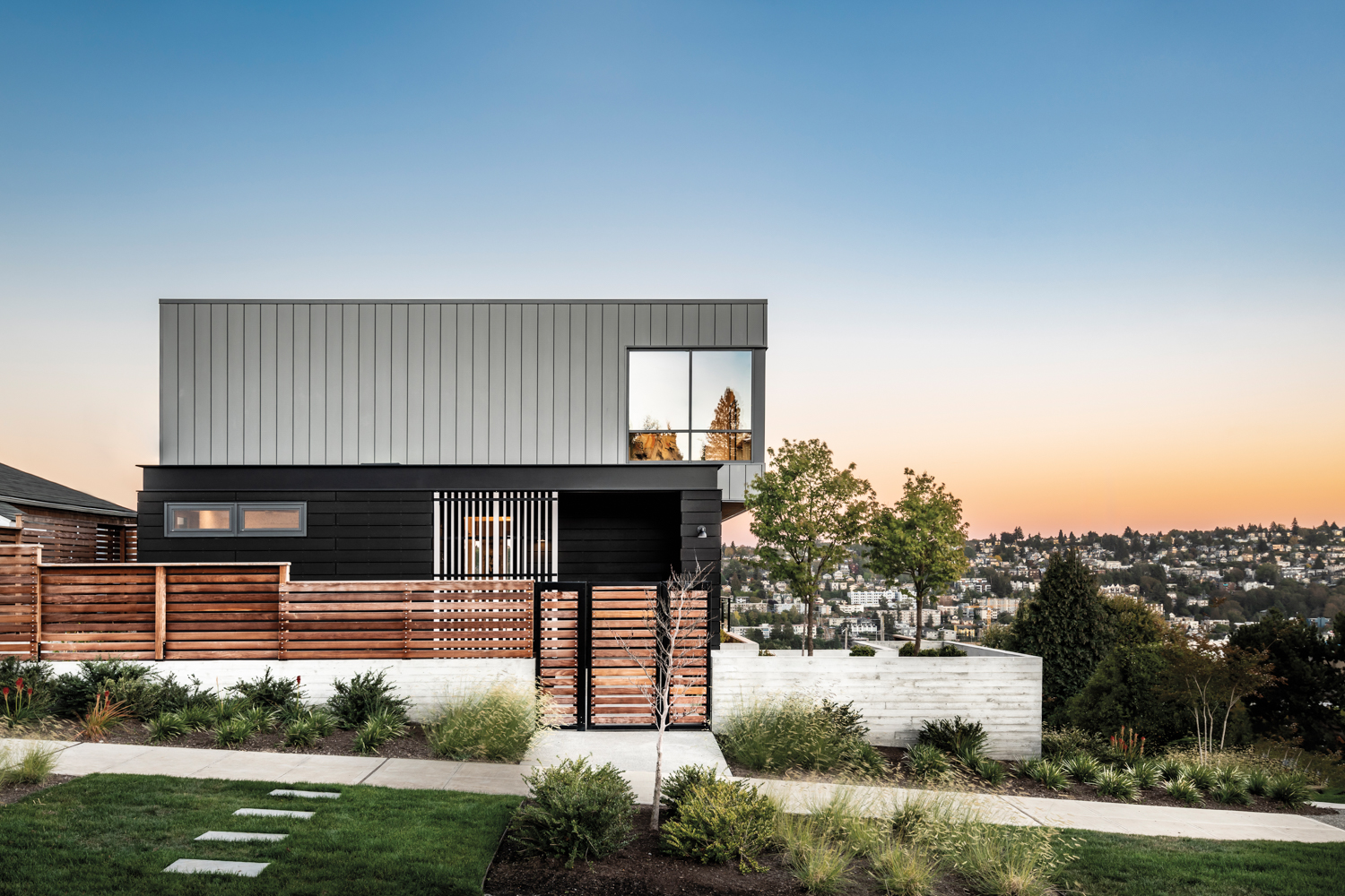 A modern home displays a mix of materials