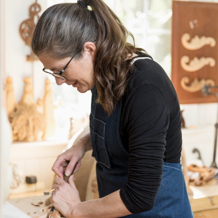 Charleston-area woodcarver Mary May's workshop contains an array of tools she employs for private commissions as well as the instructional videos she films for her online school--with an inventory now more than 350 videos strong.