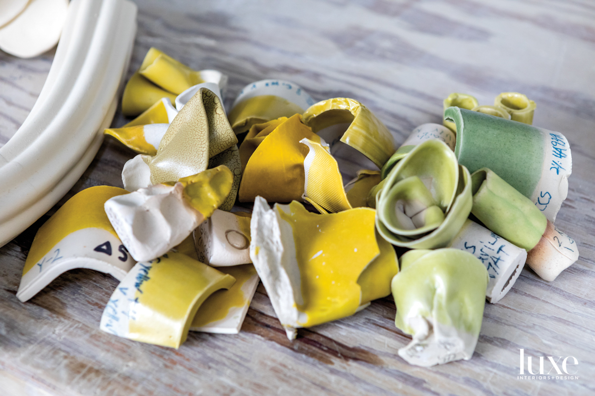 yellow and green ceramic sculptures