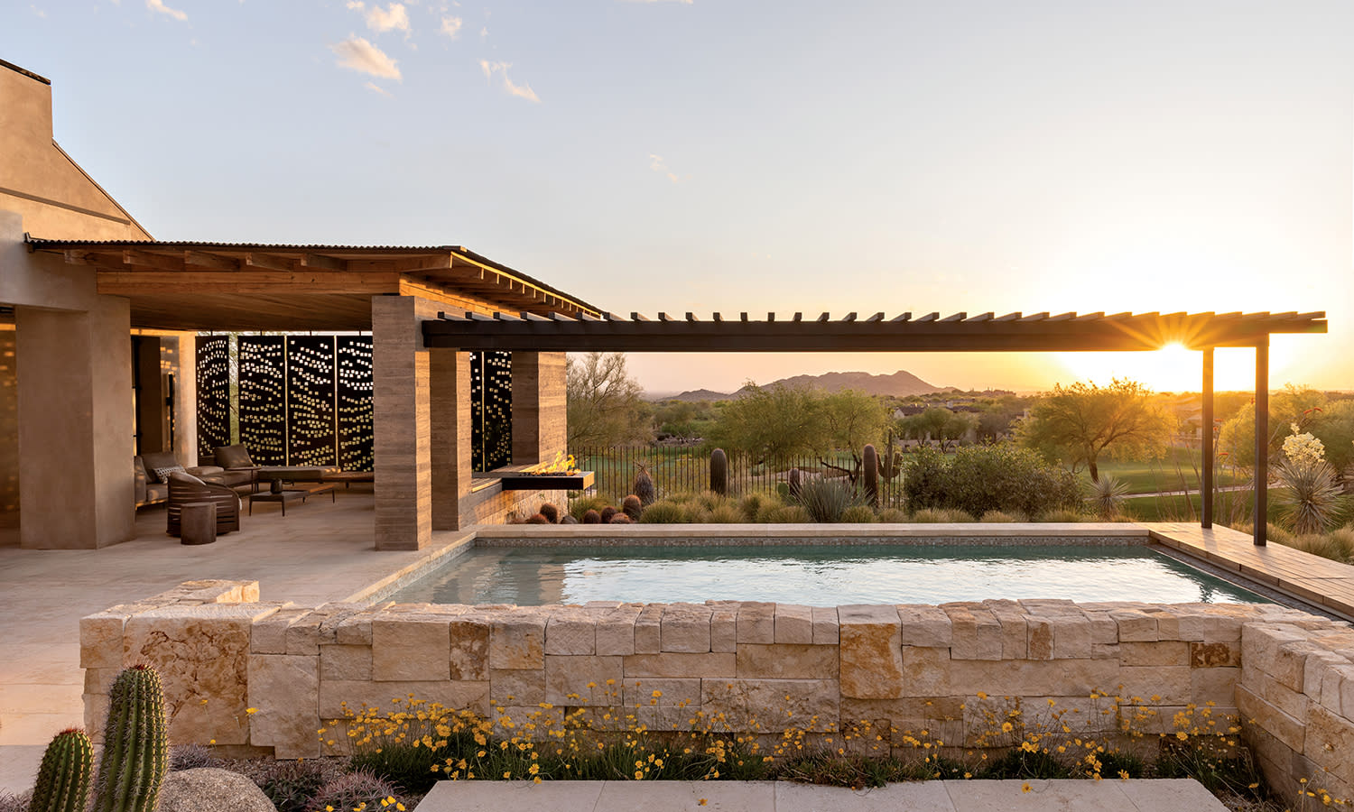 luxury outdoor pool at a modern Arizona home flanked by native landscaping