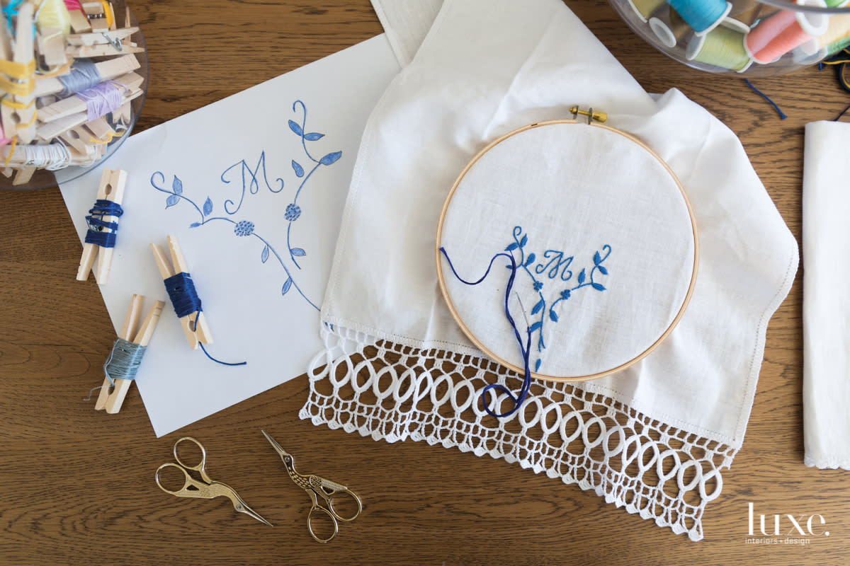 blue embroidery hibiscus linens