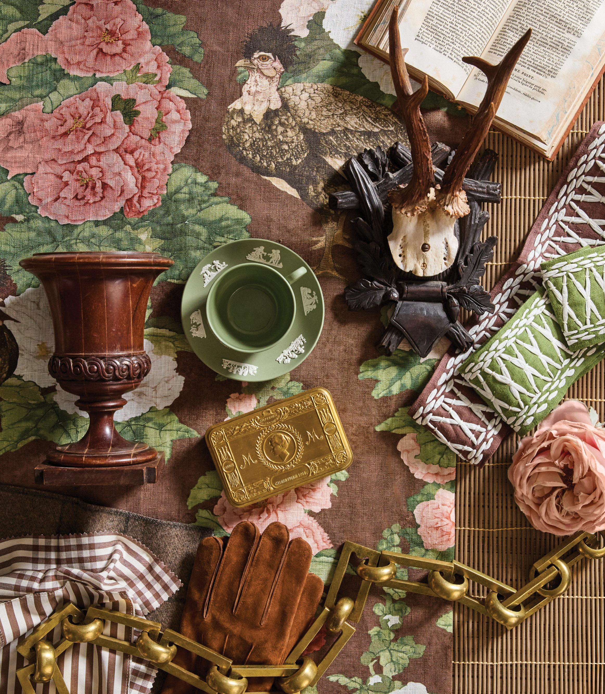 brown, green and pink interior design mood board