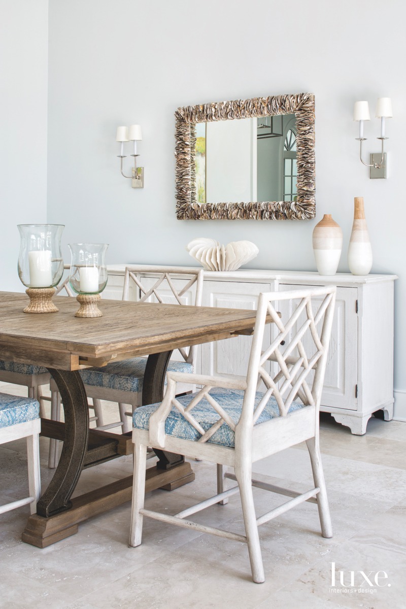 coastal dining room blue accents oyster shell mirror