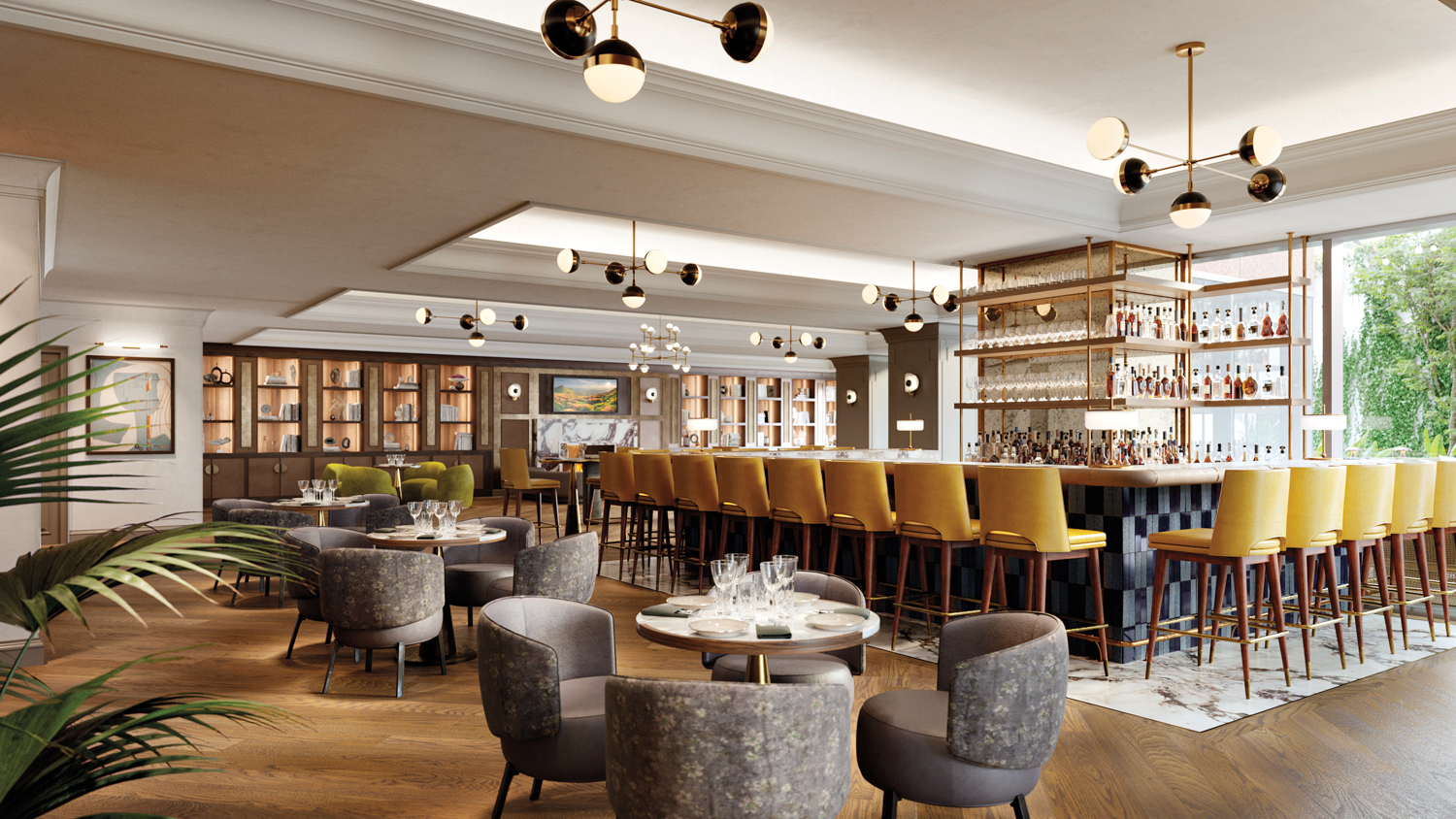 A bar and restaurant space with yellow-upholstered bar stools and gray egg dining chairs around round tables.