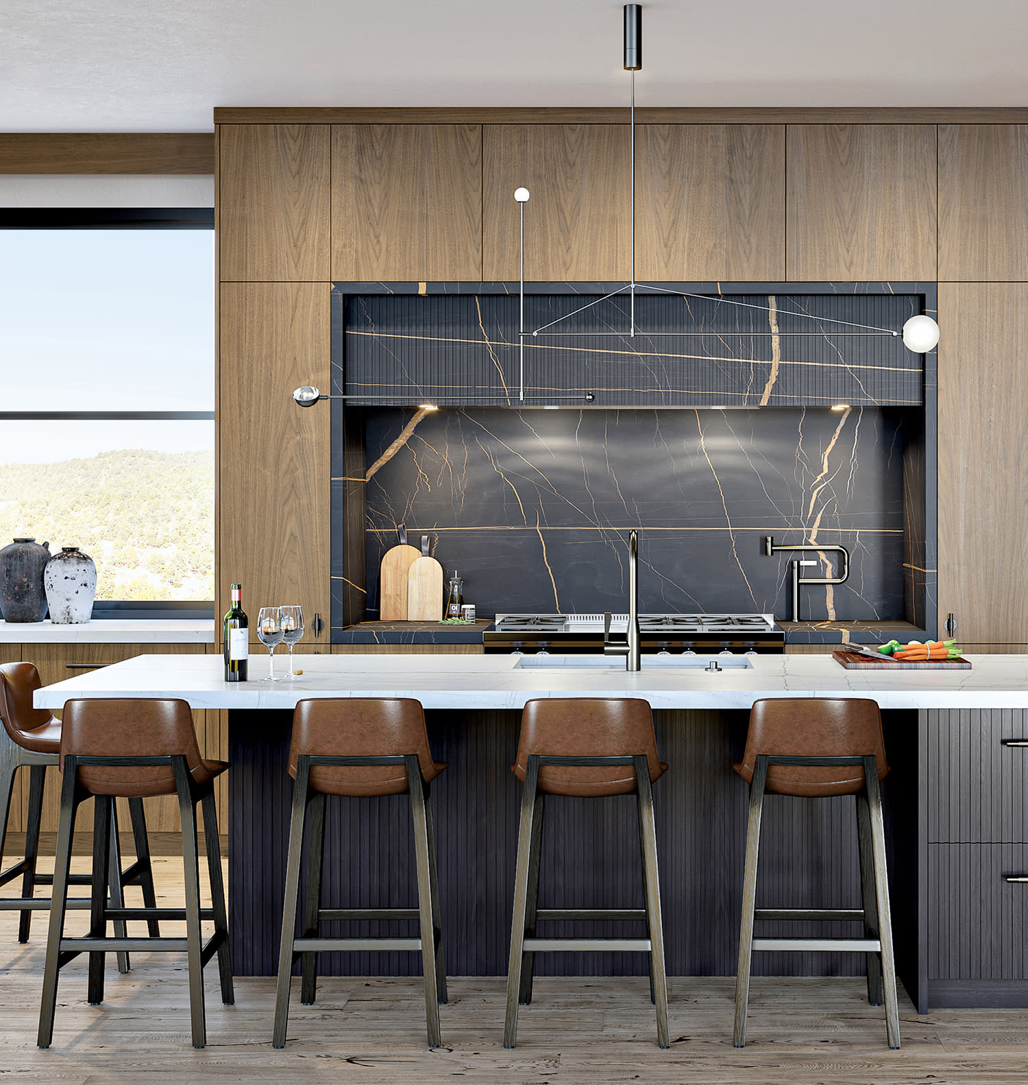 rendering of a Utah kitchen with a black marble backsplash and barstool-lined island