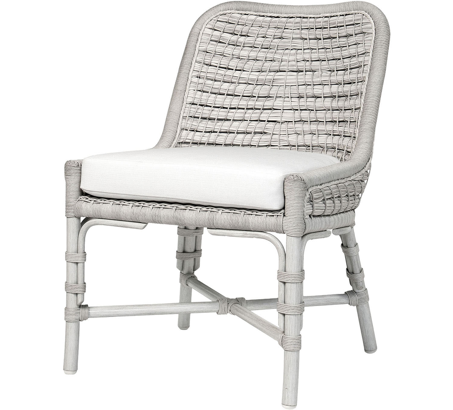 Gray wicker chair with a smooth white cushion. It features a woven backrest and sturdy legs, exuding a modern, minimalist style.