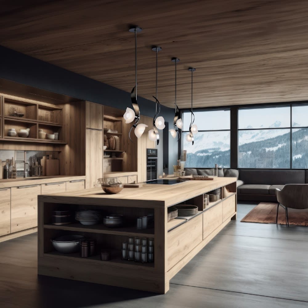 A contemporary kitchen with wooden floors and a spacious island for cooking and dining purposes.