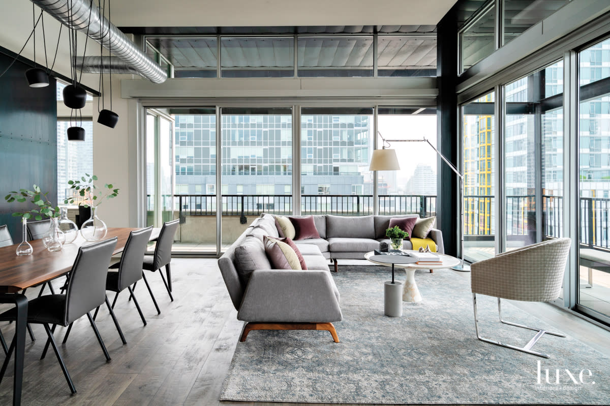 gray urban loft living room dining room