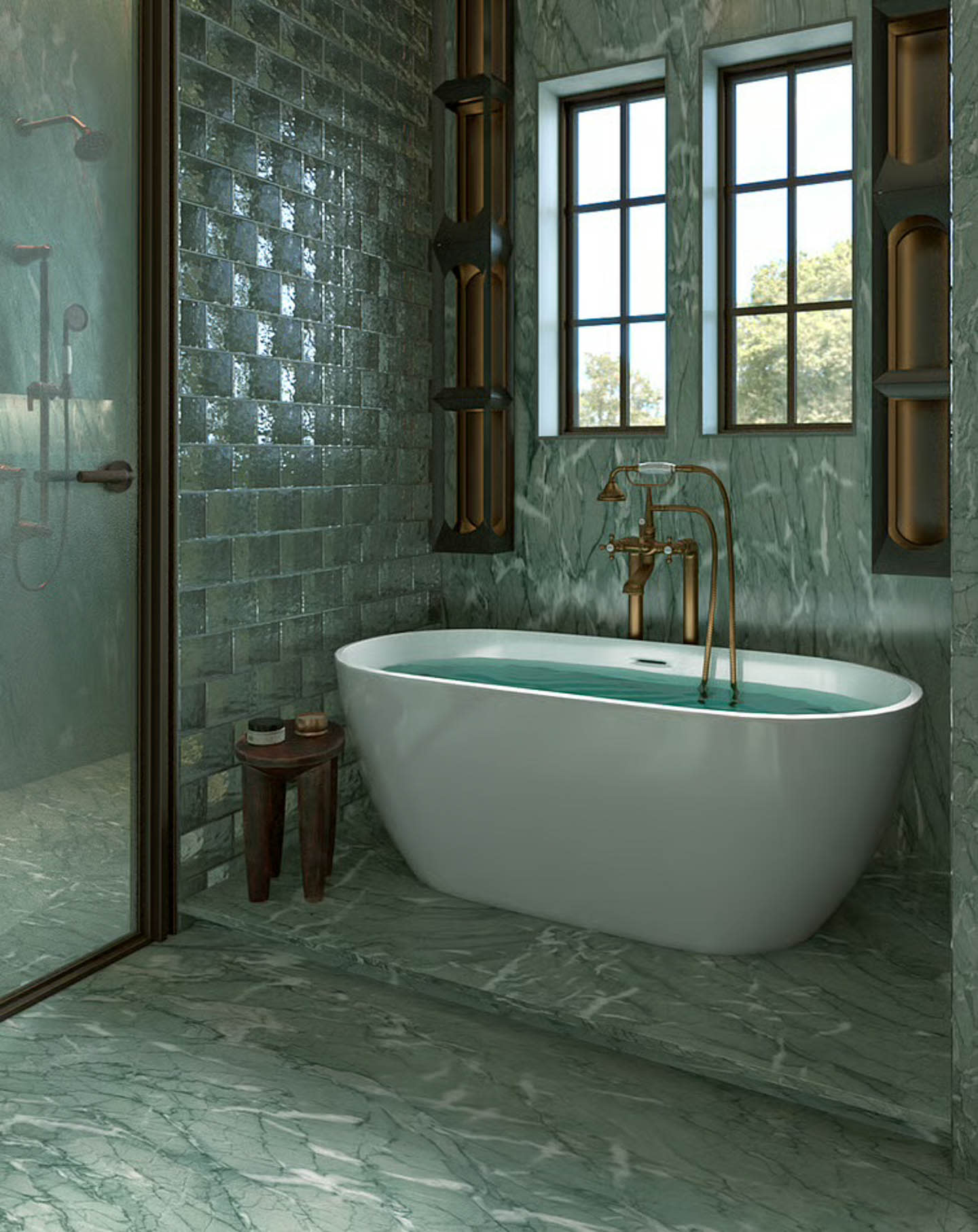 A modern bathroom showcasing a large tub beside a window, enhancing the space with natural light and openness.