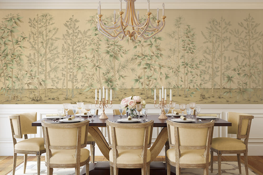 custom painted wall mural inspired by Japanese screens in traditional dining room