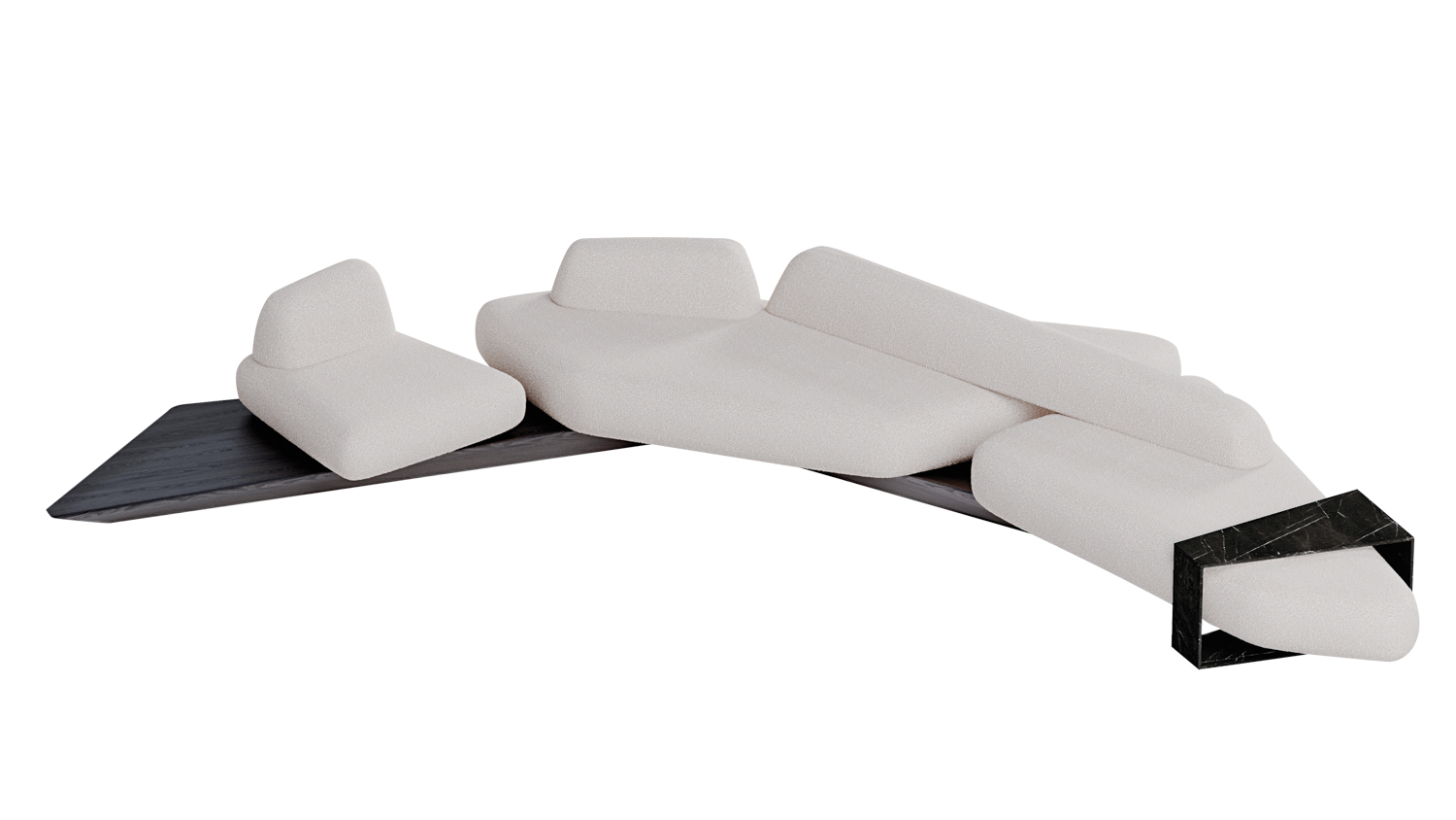 angular and structural sofa base with white cushions