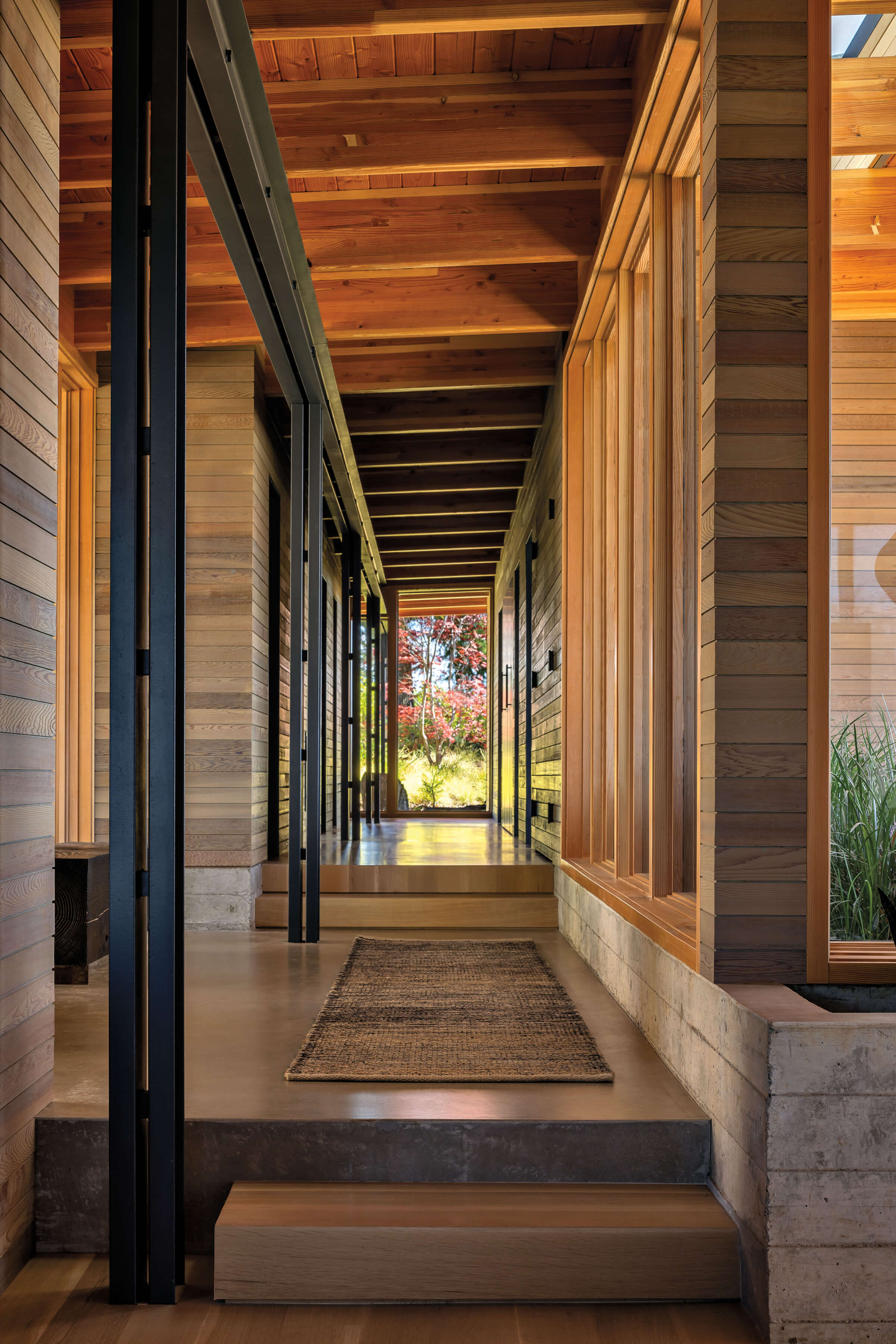 cedar-paneled hallway