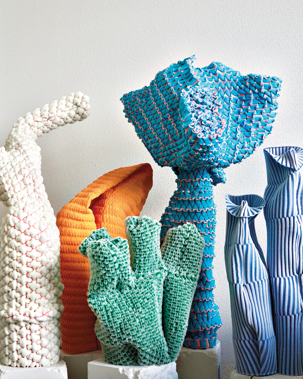 textile yarn abstract pieces in blues and white