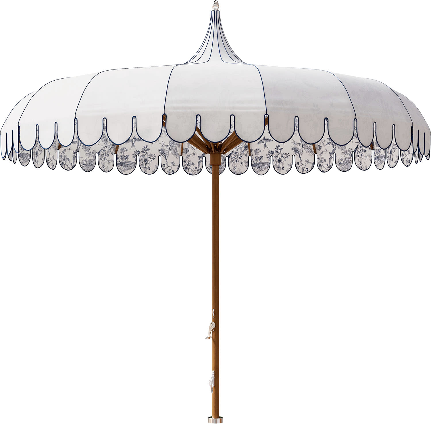 Elegant white parasol with scalloped edges and intricate blue trim on a wooden pole, conveying a classic and sophisticated outdoor vibe.
