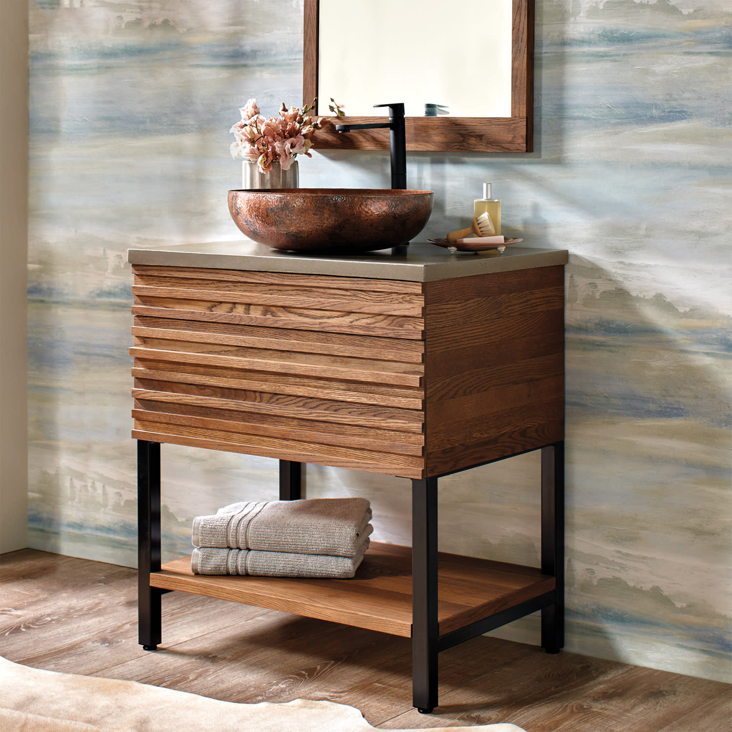 wood vanity made from repurposed wine barrels 