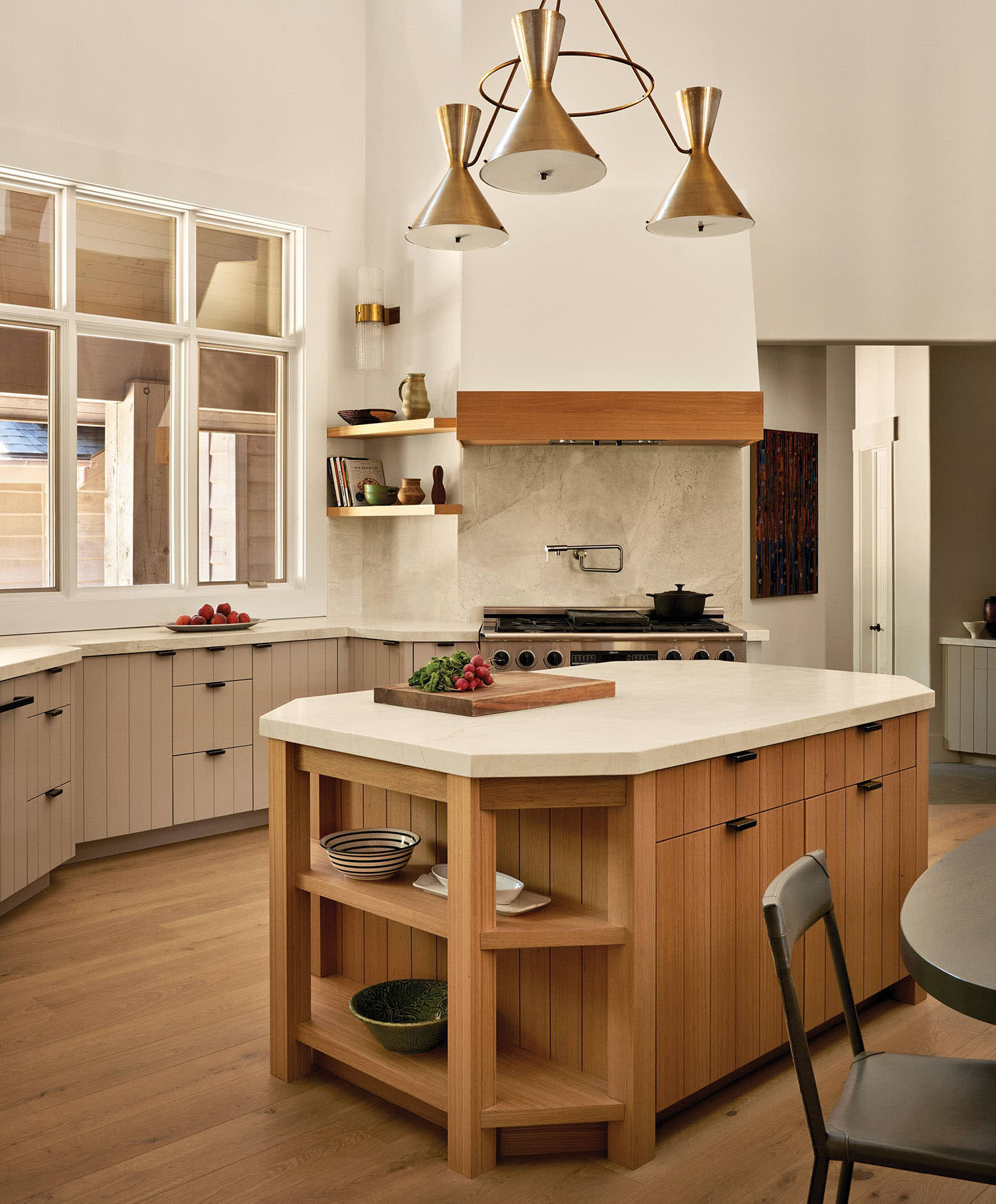 geometric kitchen topped with a 1960s chandelier in a Utah mountain home
