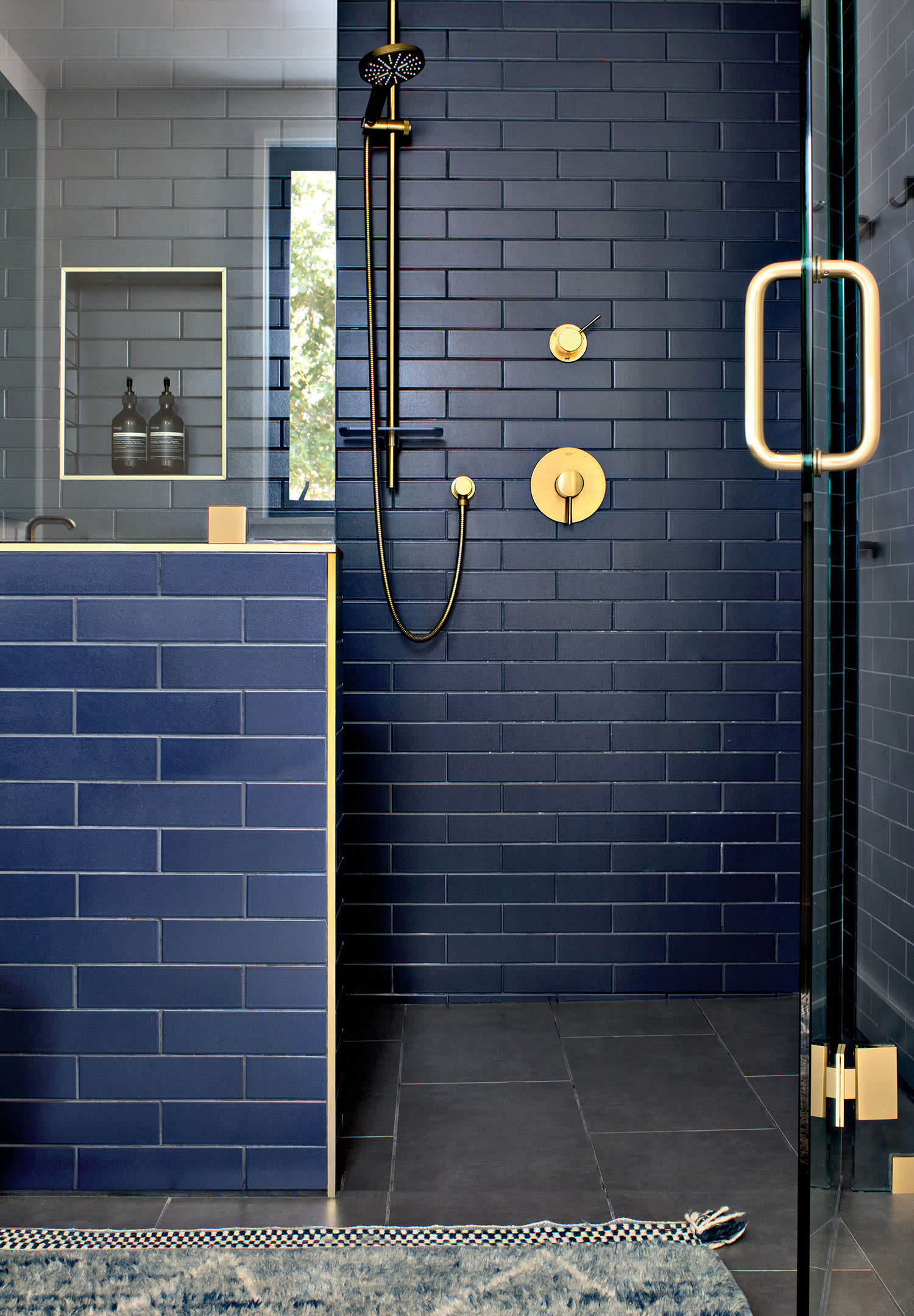 dark blue color-drenched modern bathroom
