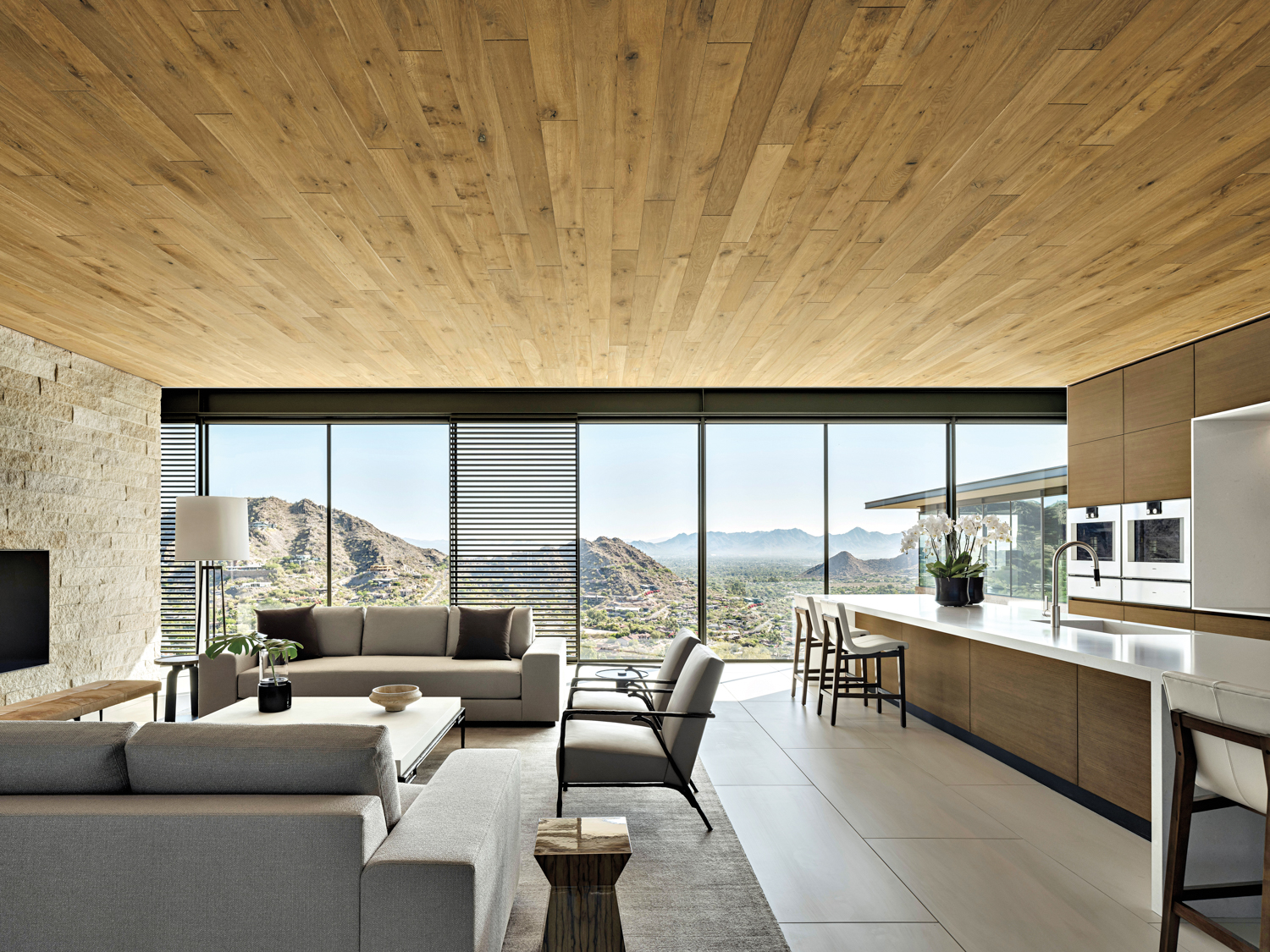 room with minimalist gray seating in the living area and a clean-lined kitchen with mountain views