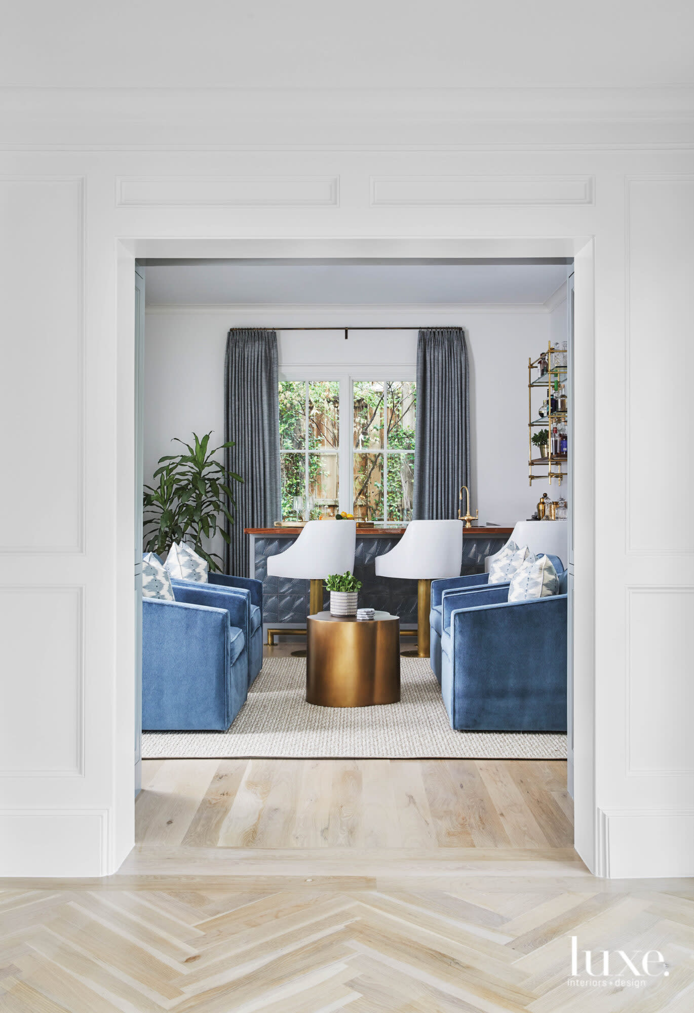 Bar with white and blue seating area