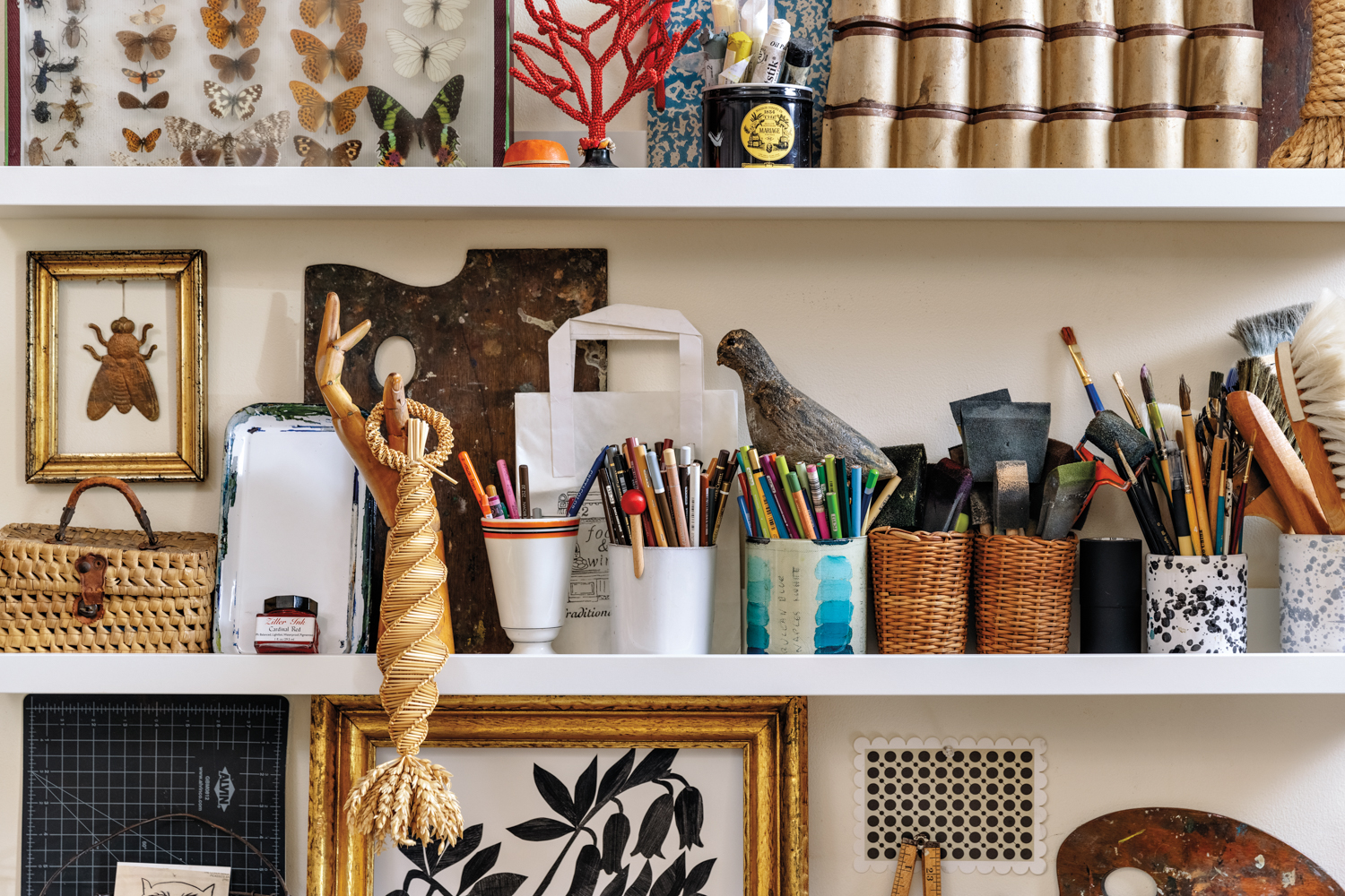 art supplies on studio shelves