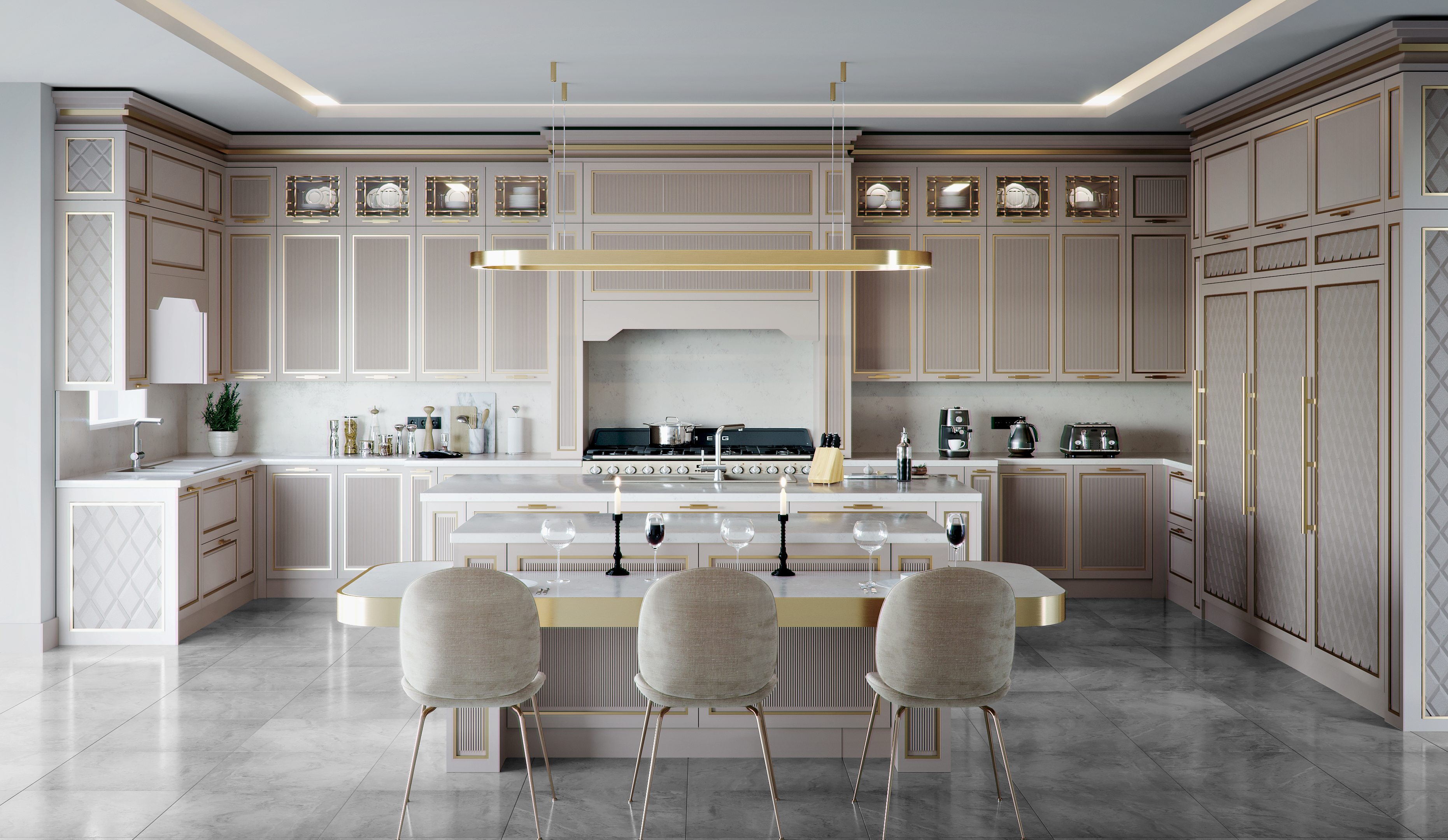 Modern take on kitchen design featuring custom range alcove and gold accents. 