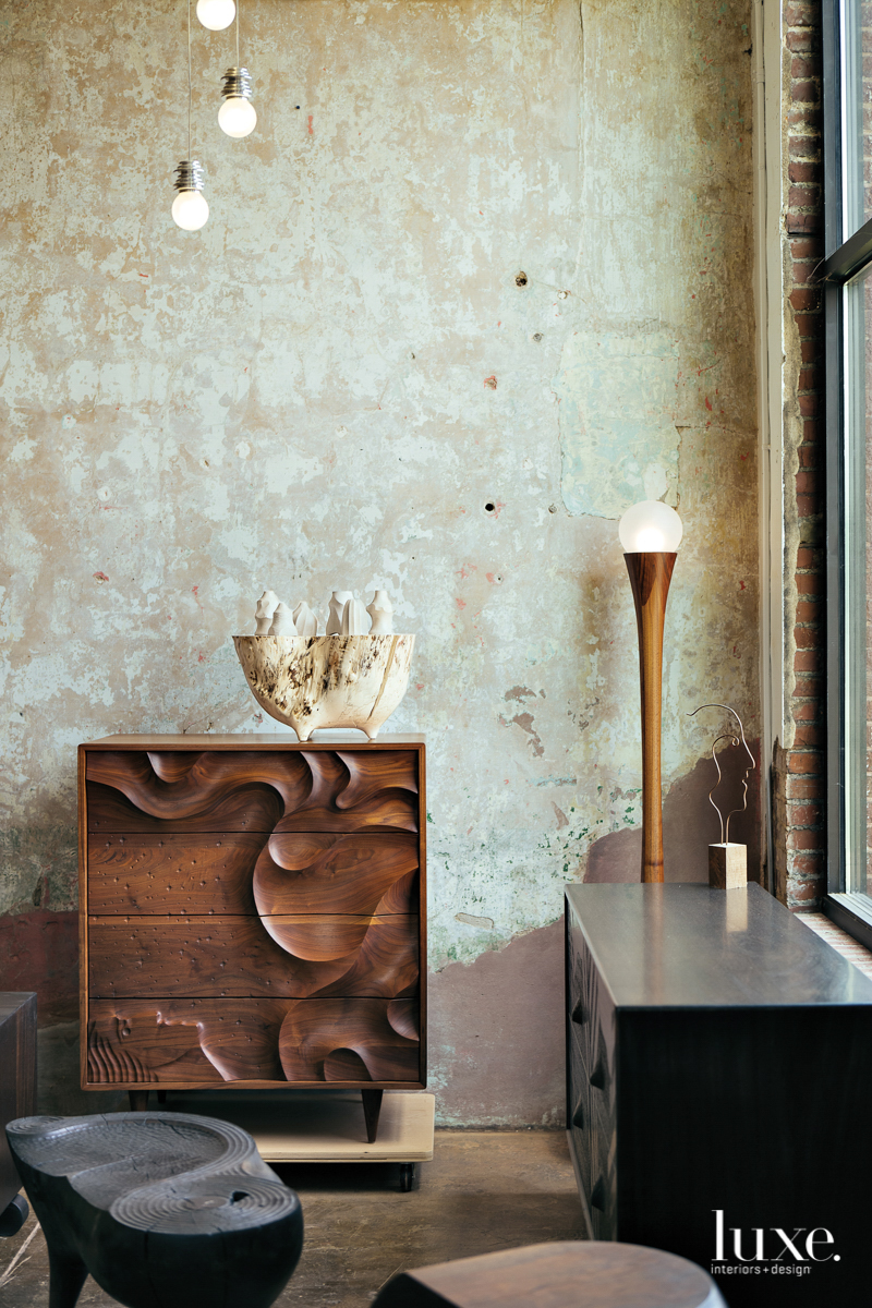 studio with stripped original plaster walls
