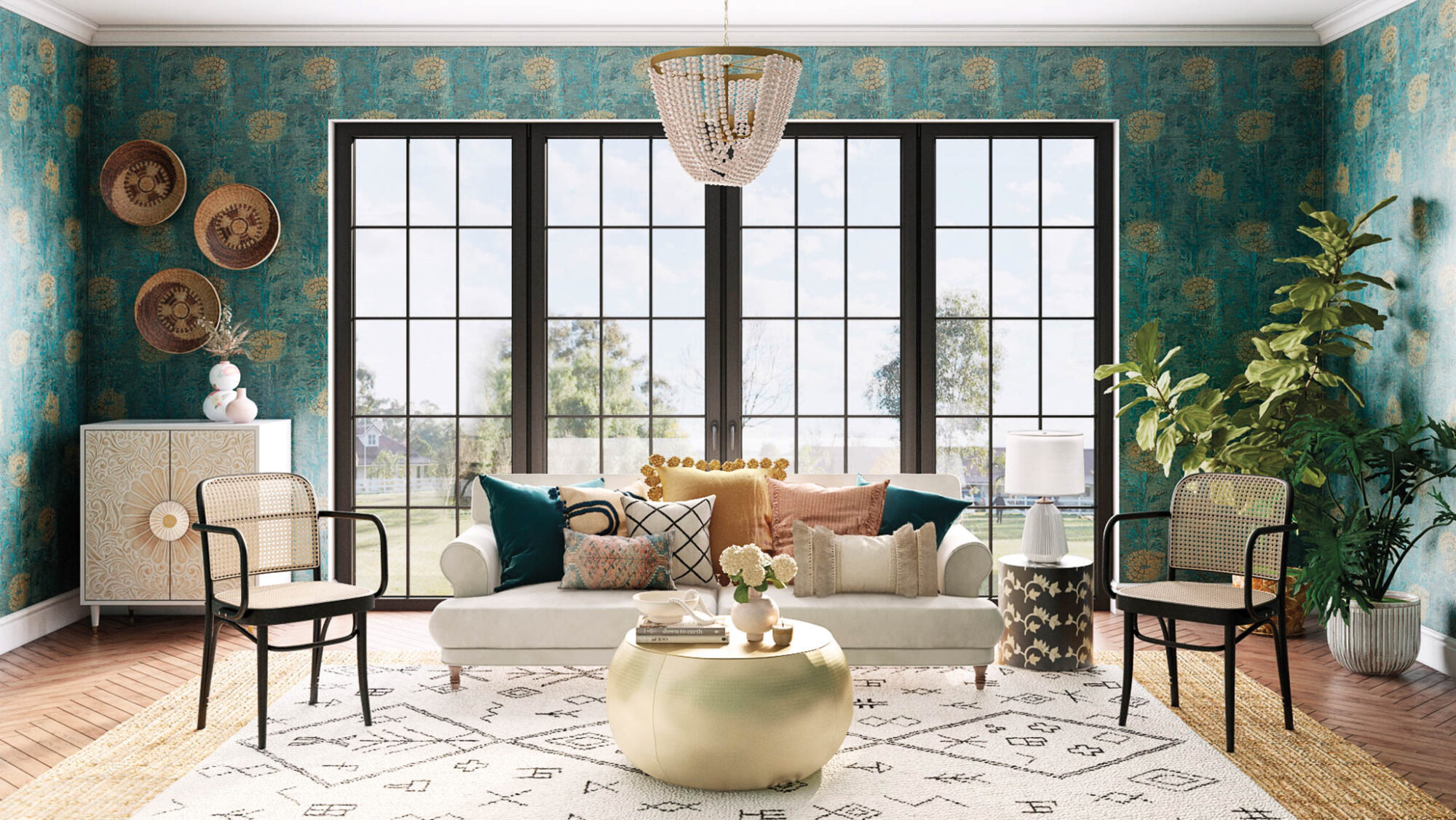 living area with gold table and green wallpaper