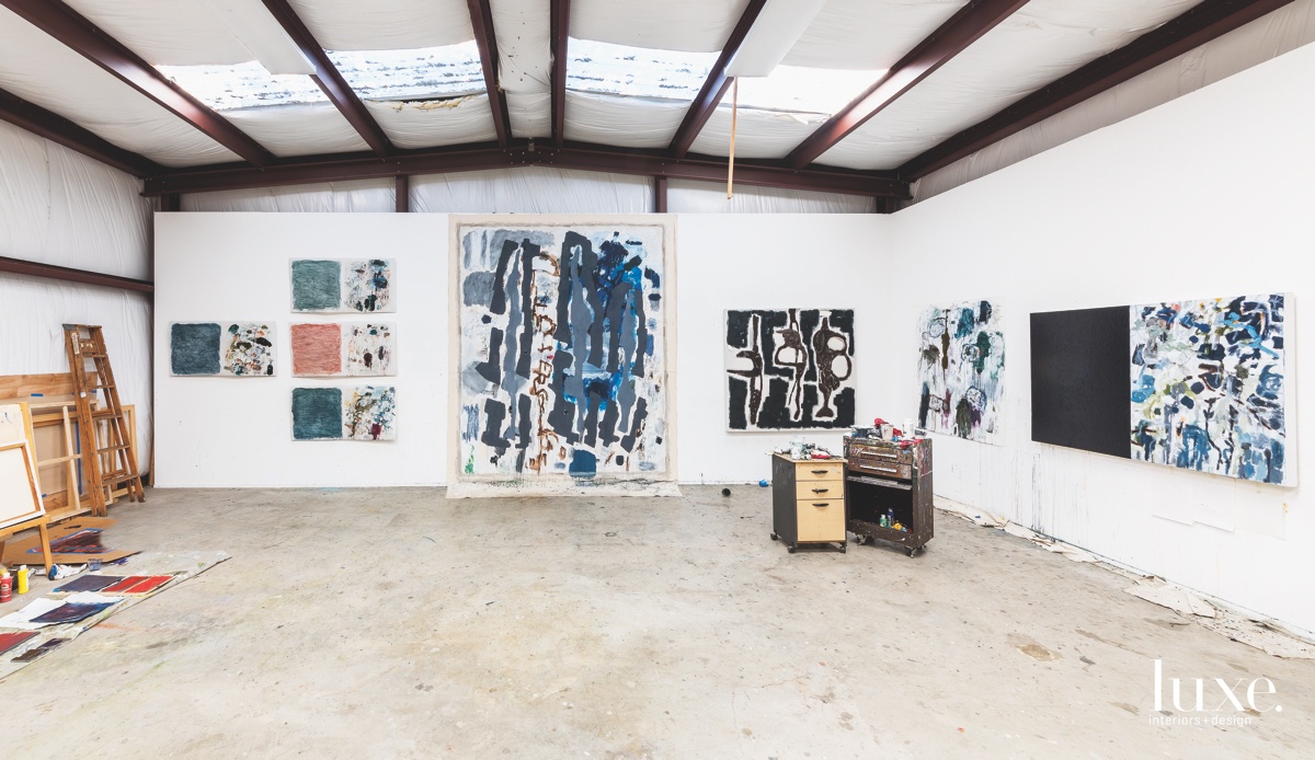 In his Fort Worth studio, Battle retains his used palettes.