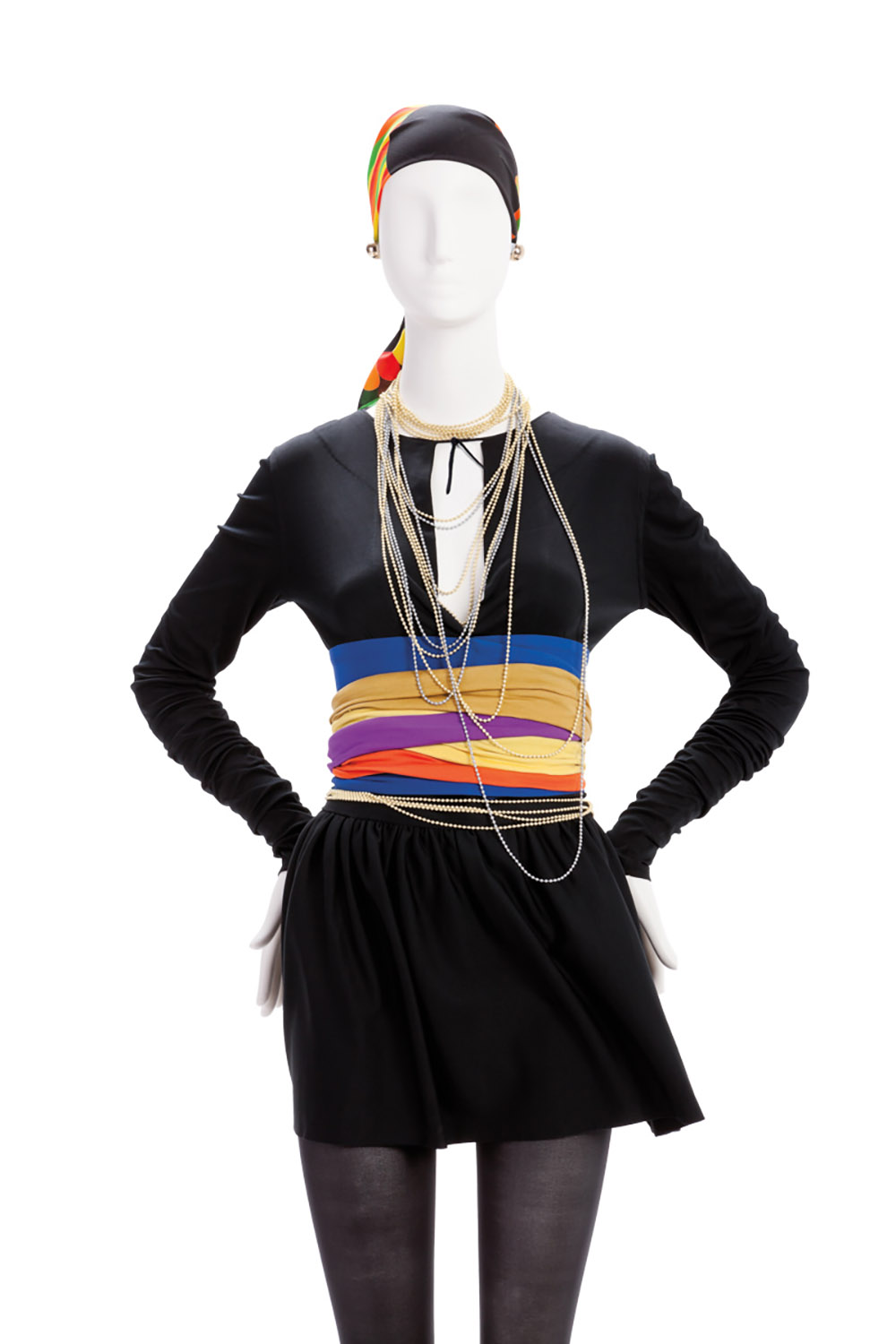 Black dress with long sleeves and multi-color ties at waist.