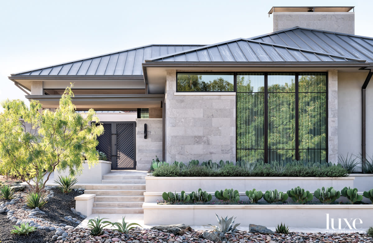 Exterior of a warm modern home in Fort Worth.