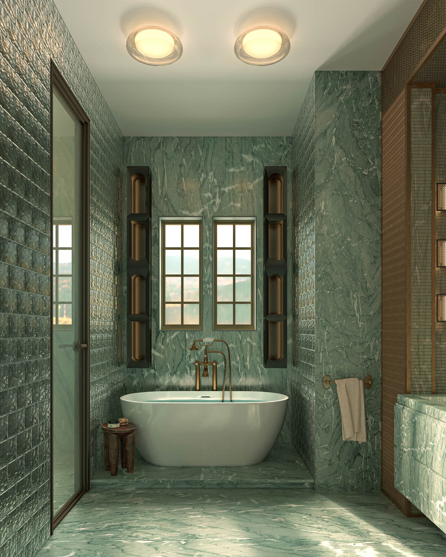 Luxurious green marble bathroom with a central white oval bathtub, brass fixtures, and soft lighting. Large windows offer natural light, creating a serene ambiance.