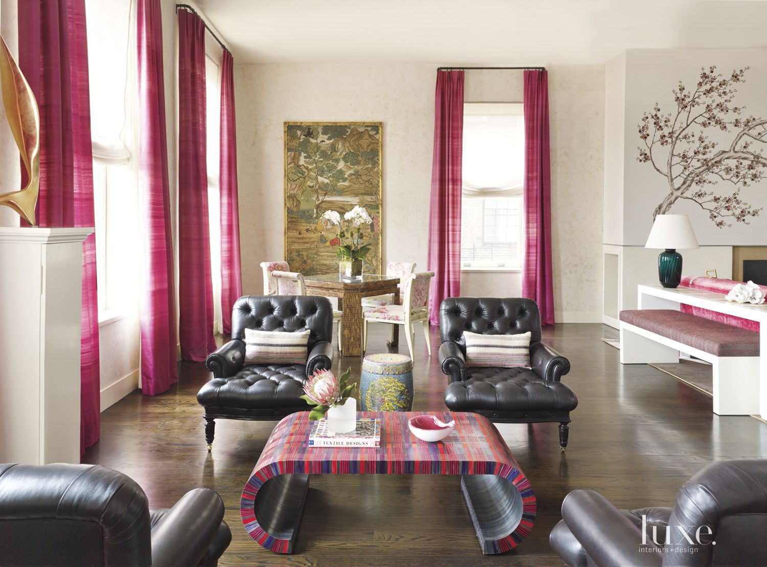 pink sitting room with pink curtains