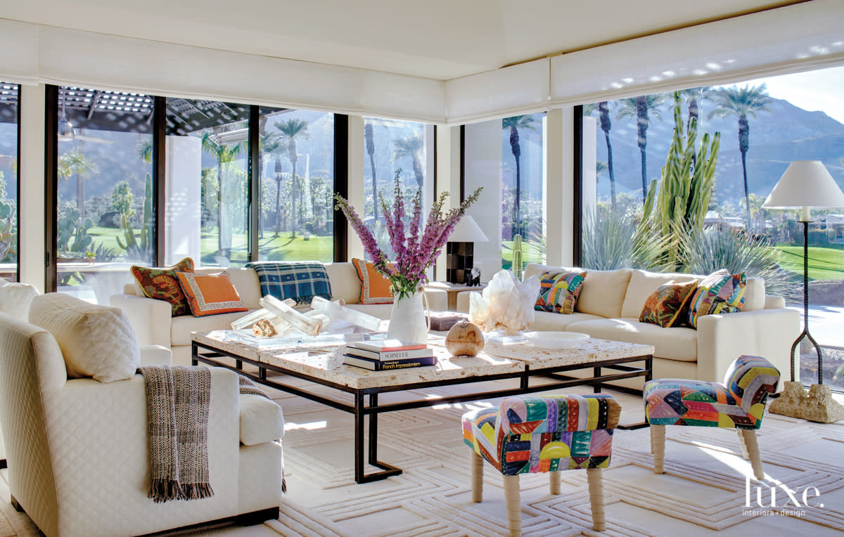 Rancho Mirage living room with William Haines stools