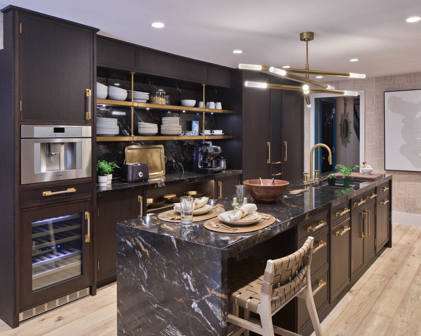 modern kitchen with brown cabinetry