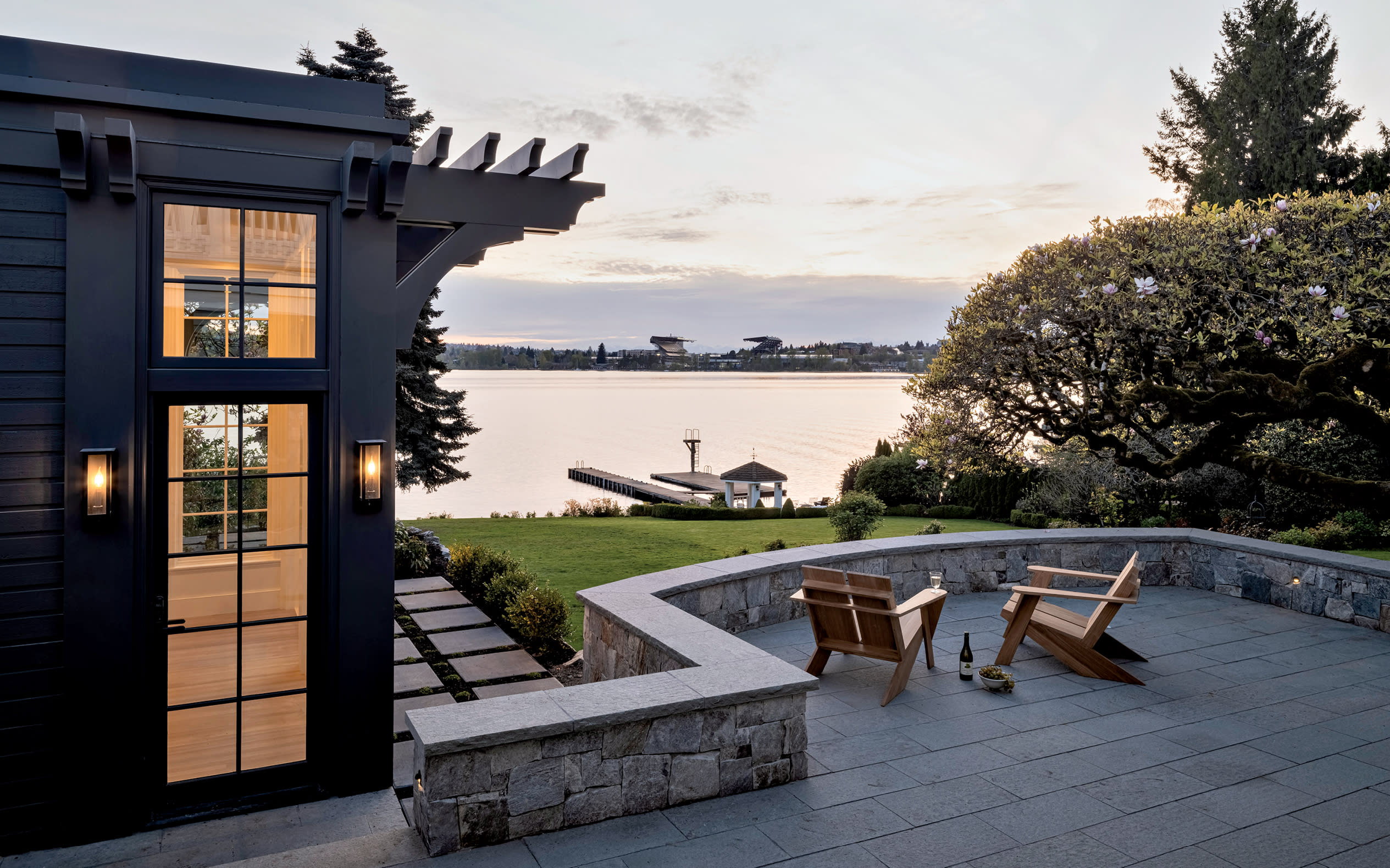 outdoor pavilion connected to a small building overlooking Union Bay