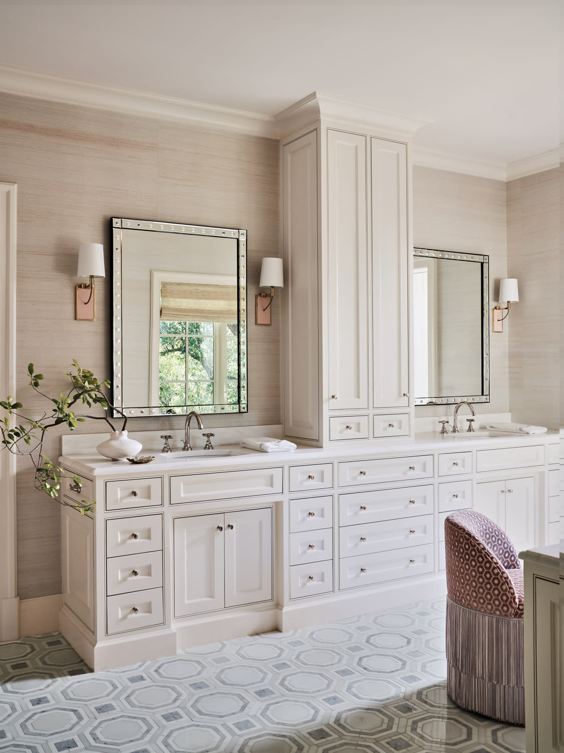 classic bathroom with geometric pattern flooring