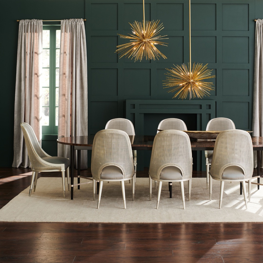 dining room, interior designer, texas interior designer, gold starburst pendant lights with hunter green painted wall