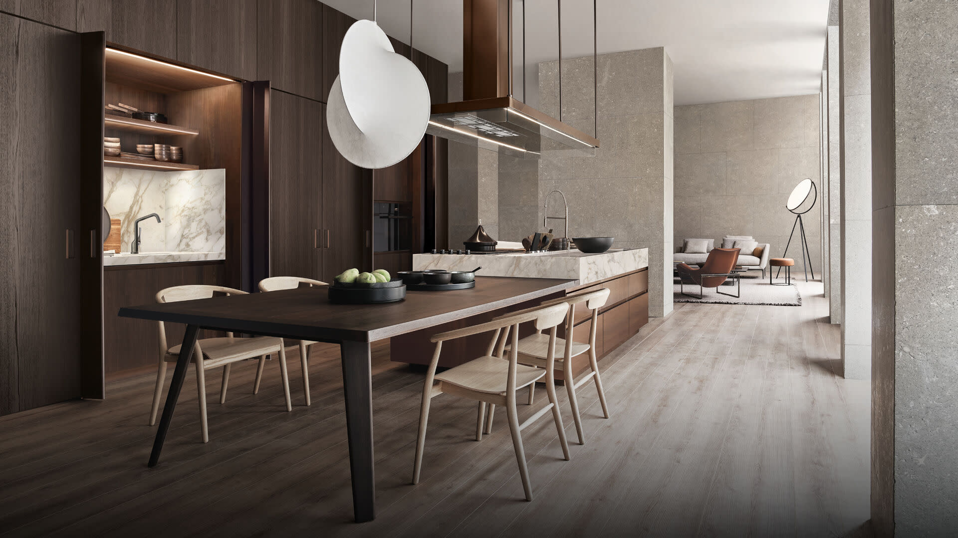 Integrated dining table on kitchen island with wall cabinets.