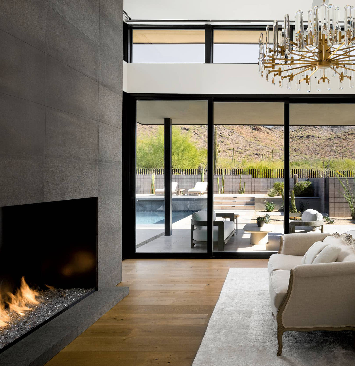moody fireplace in a modern bedroom